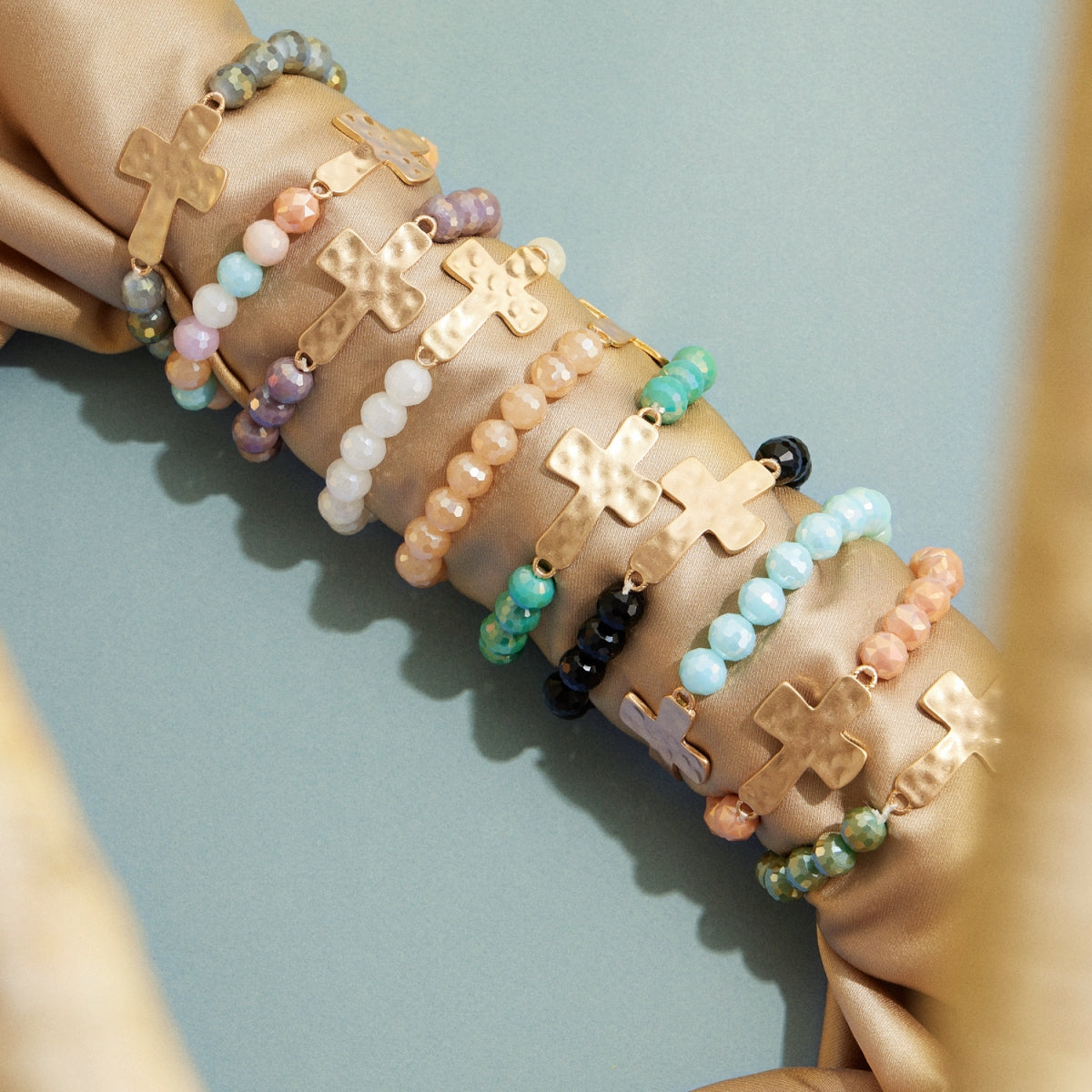 Glass Bead Bracelet with Cross Charm