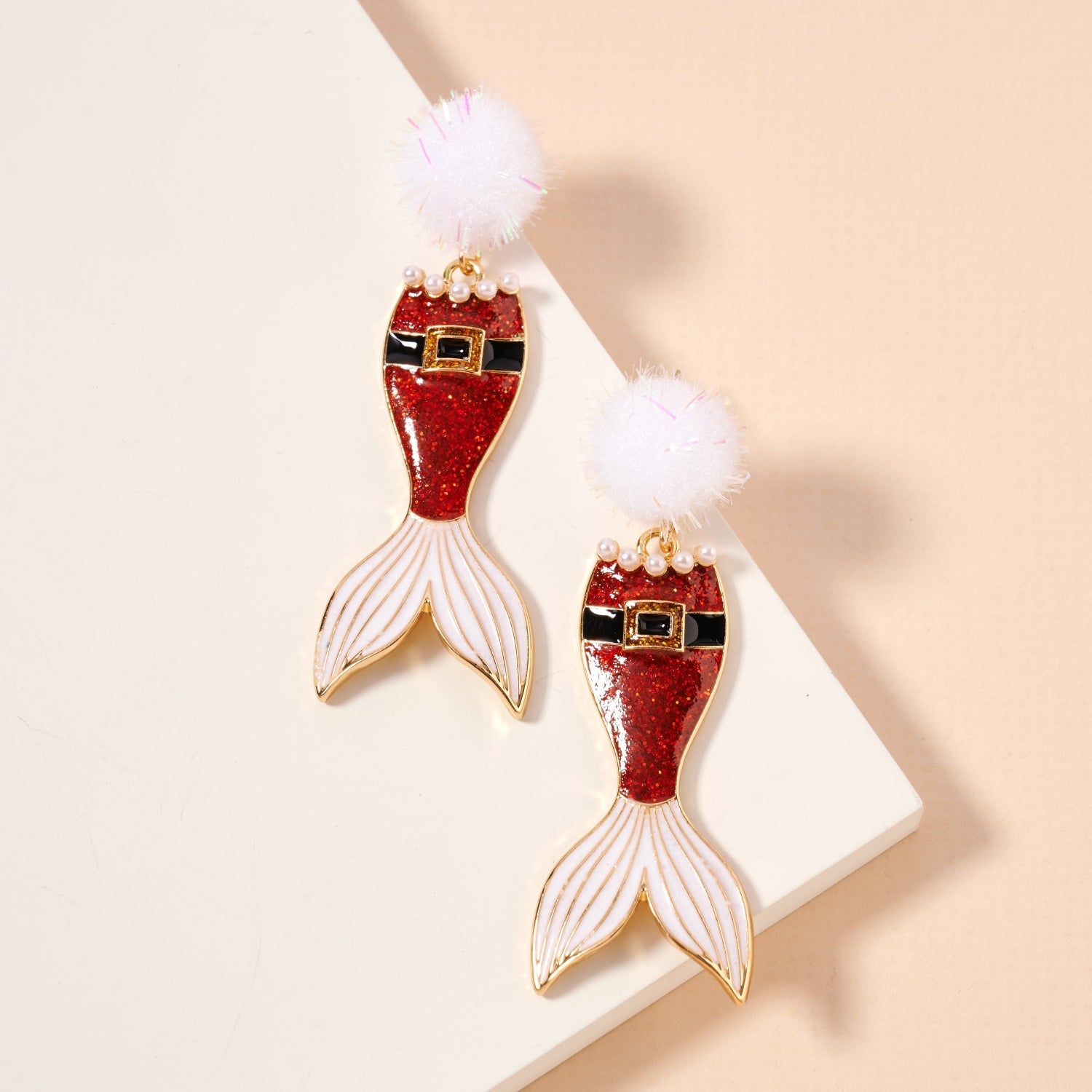 Glitter Santa Mermaid Dangle Earrings | Pom Pom Holiday Earrings