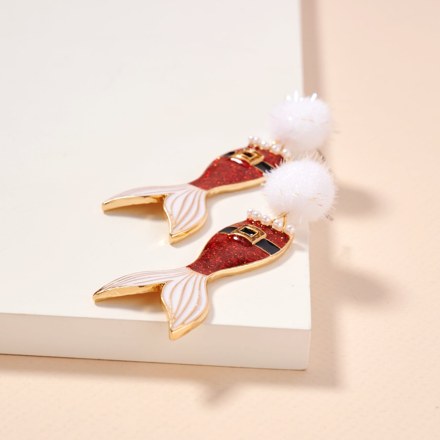 Glitter Santa Mermaid Dangle Earrings | Pom Pom Holiday Earrings