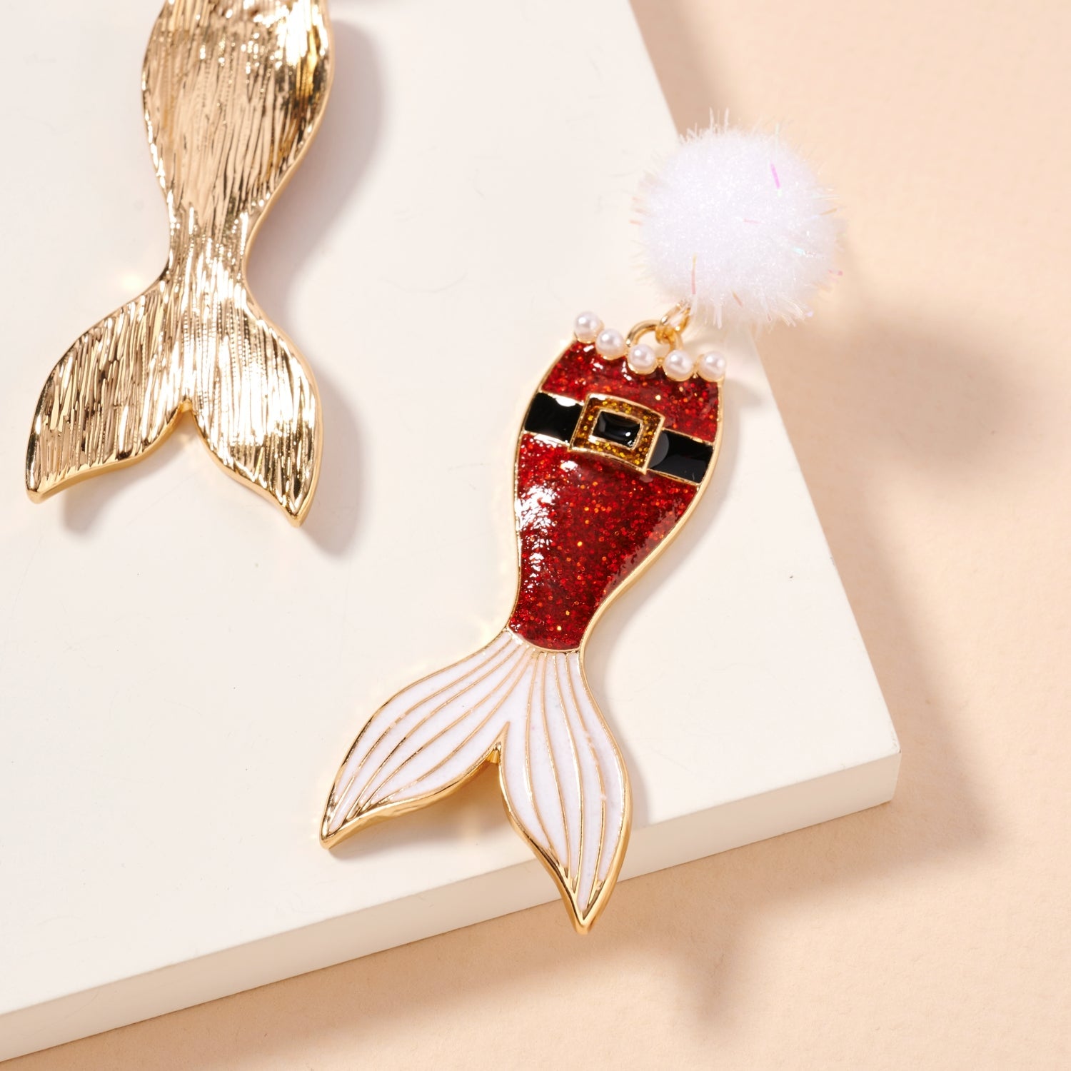 Glitter Santa Mermaid Dangle Earrings | Pom Pom Holiday Earrings