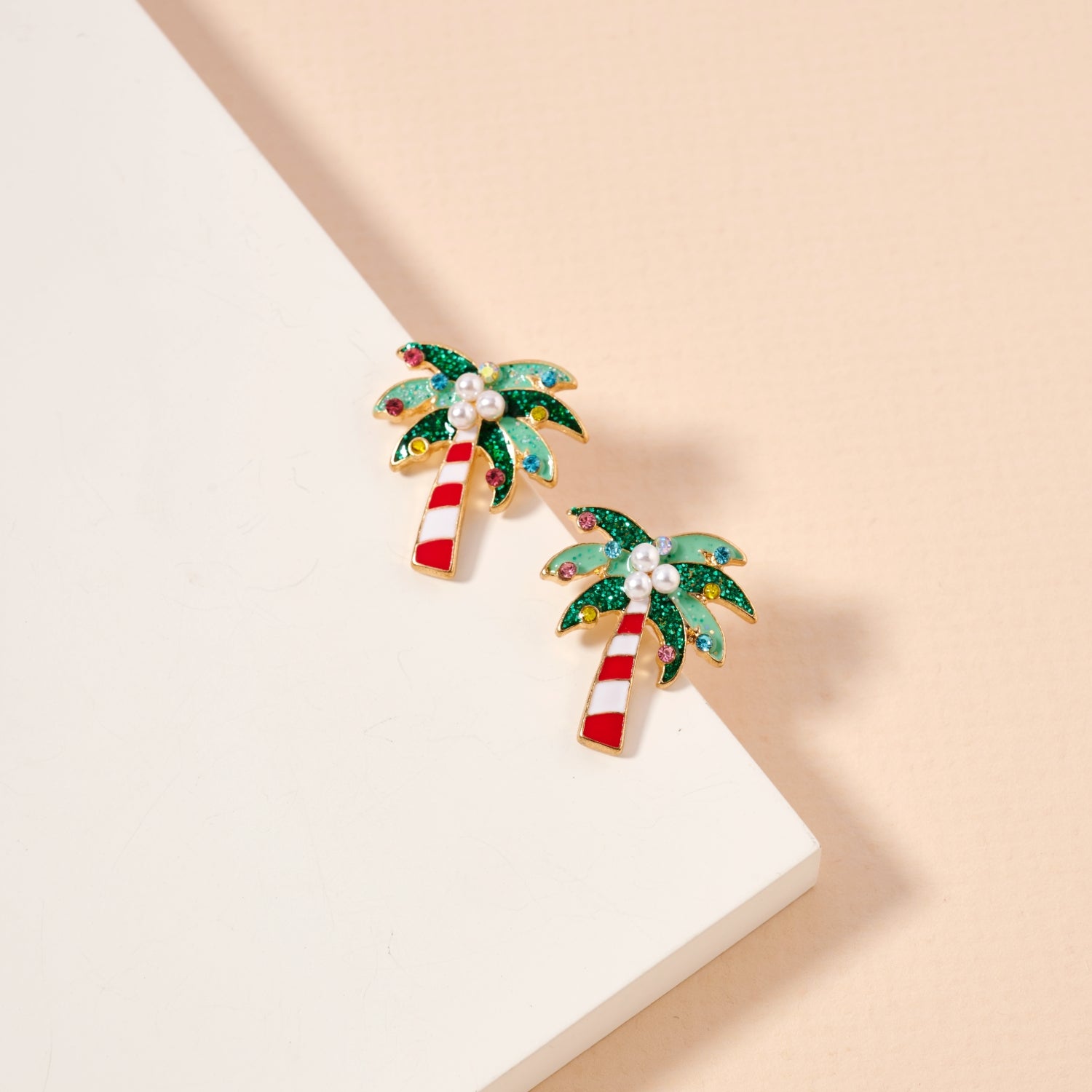 Festive Candy Cane Palm Tree Holiday Enamel Stud Earrings - Frem