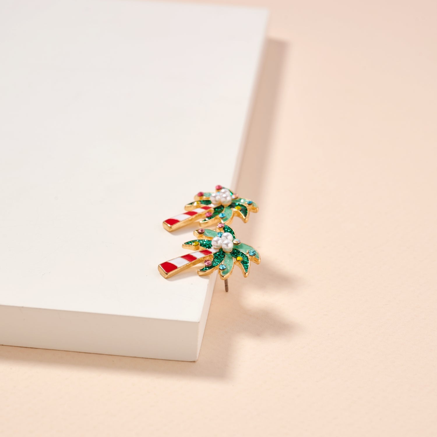 Festive Candy Cane Palm Tree Holiday Enamel Stud Earrings - Frem