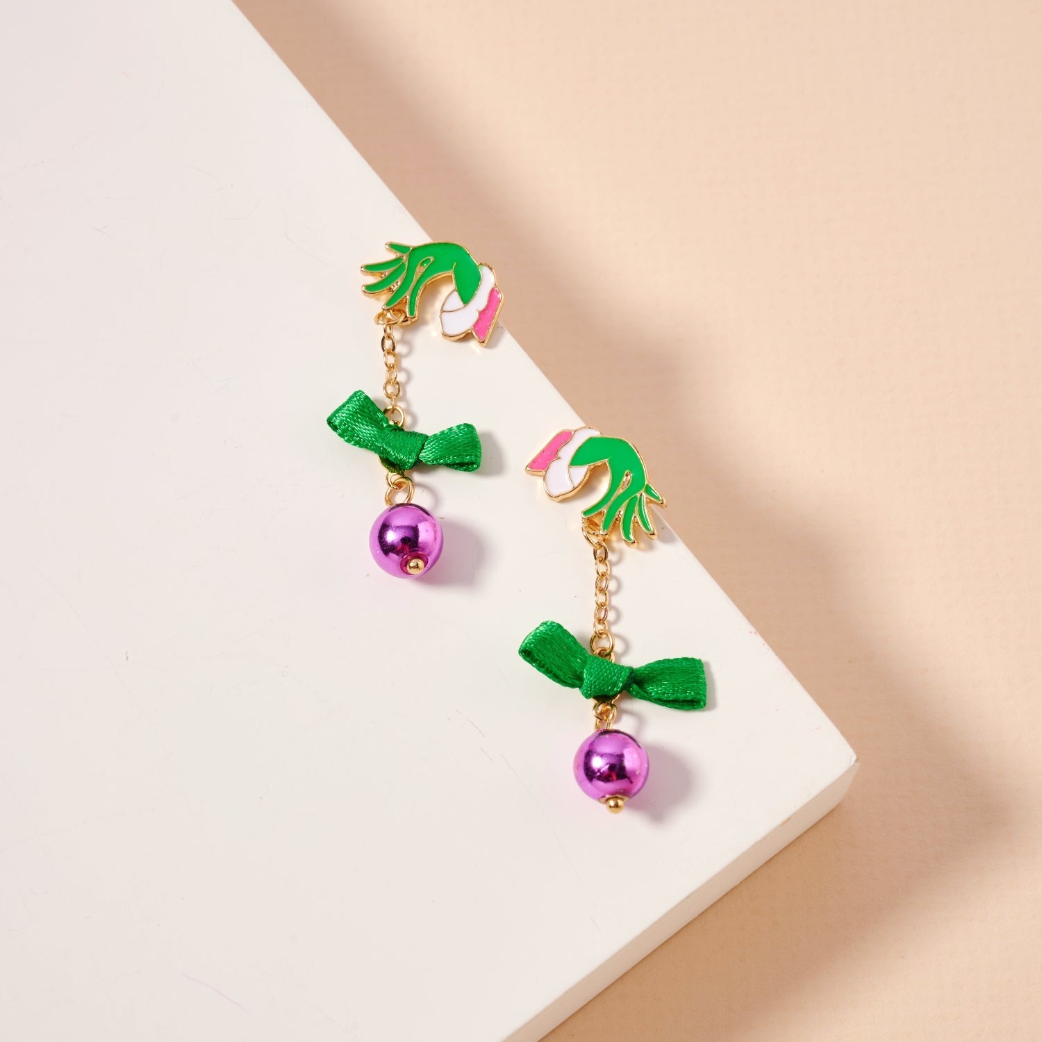Whimsical Green Monster & Ornament Holiday Drop Earrings