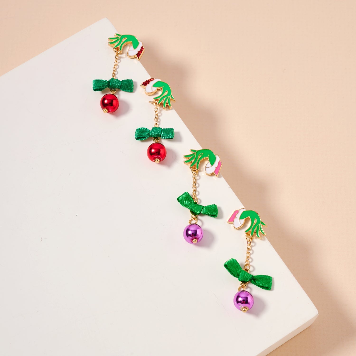 Whimsical Green Monster & Ornament Holiday Drop Earrings