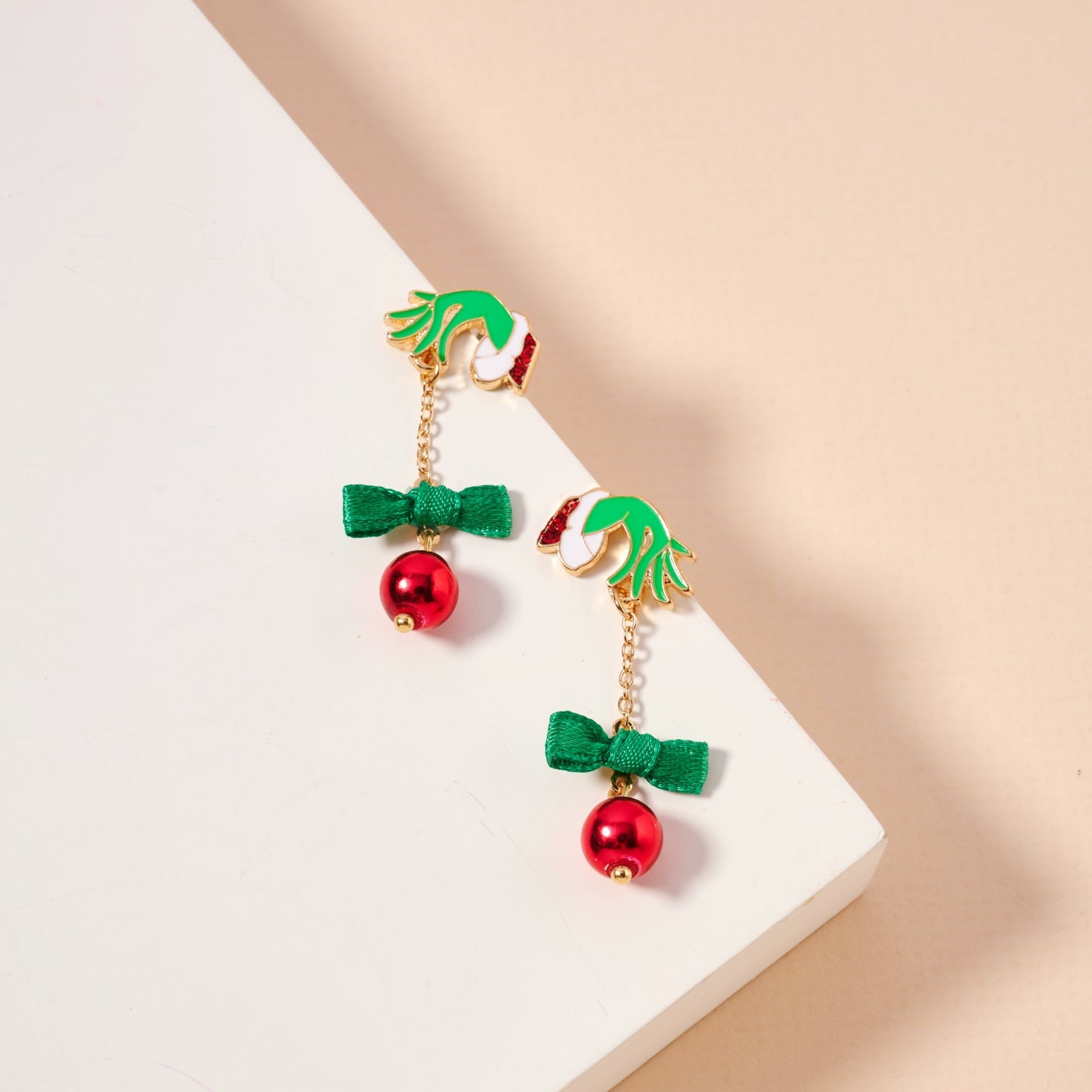 Whimsical Green Monster & Ornament Holiday Drop Earrings