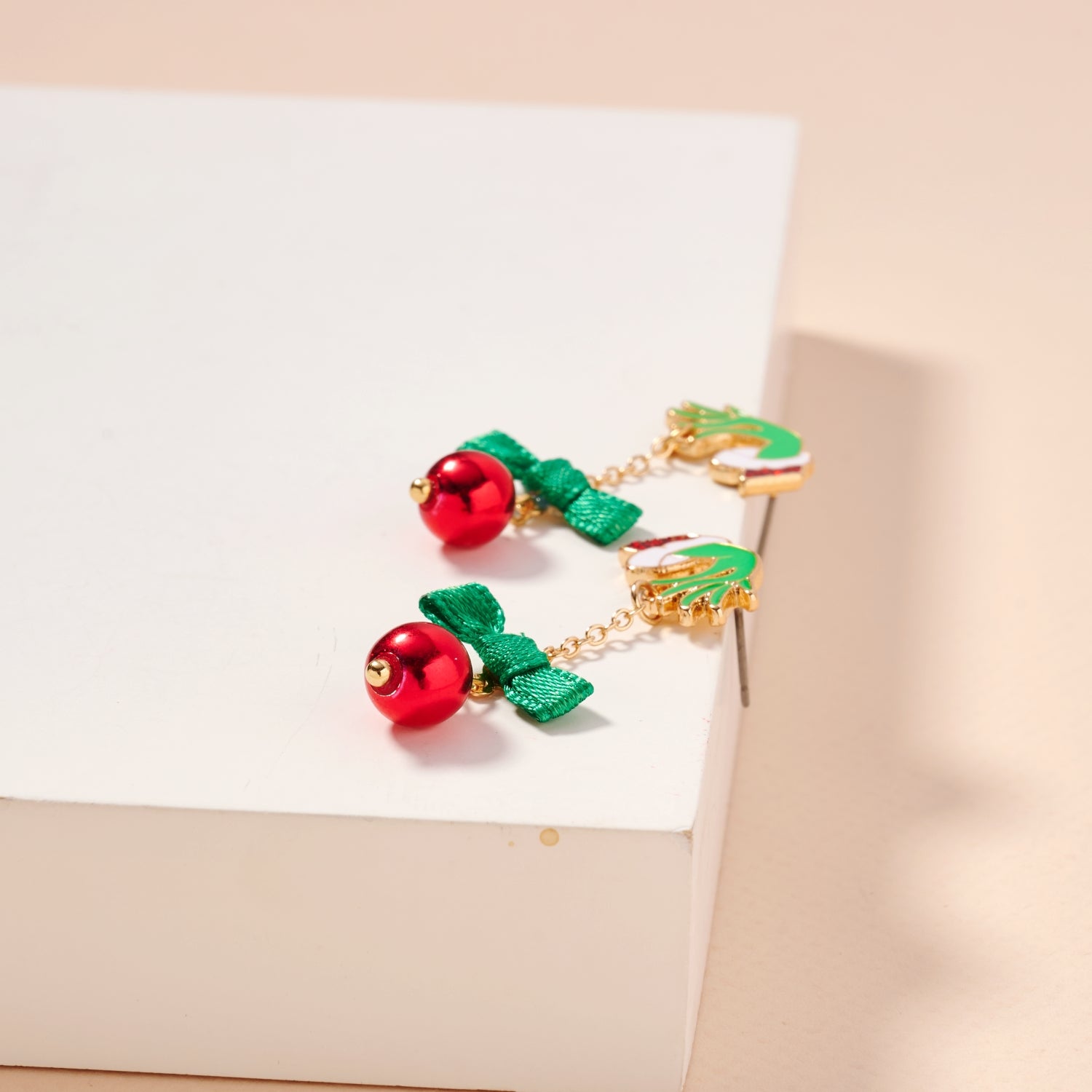 Whimsical Green Monster & Ornament Holiday Drop Earrings