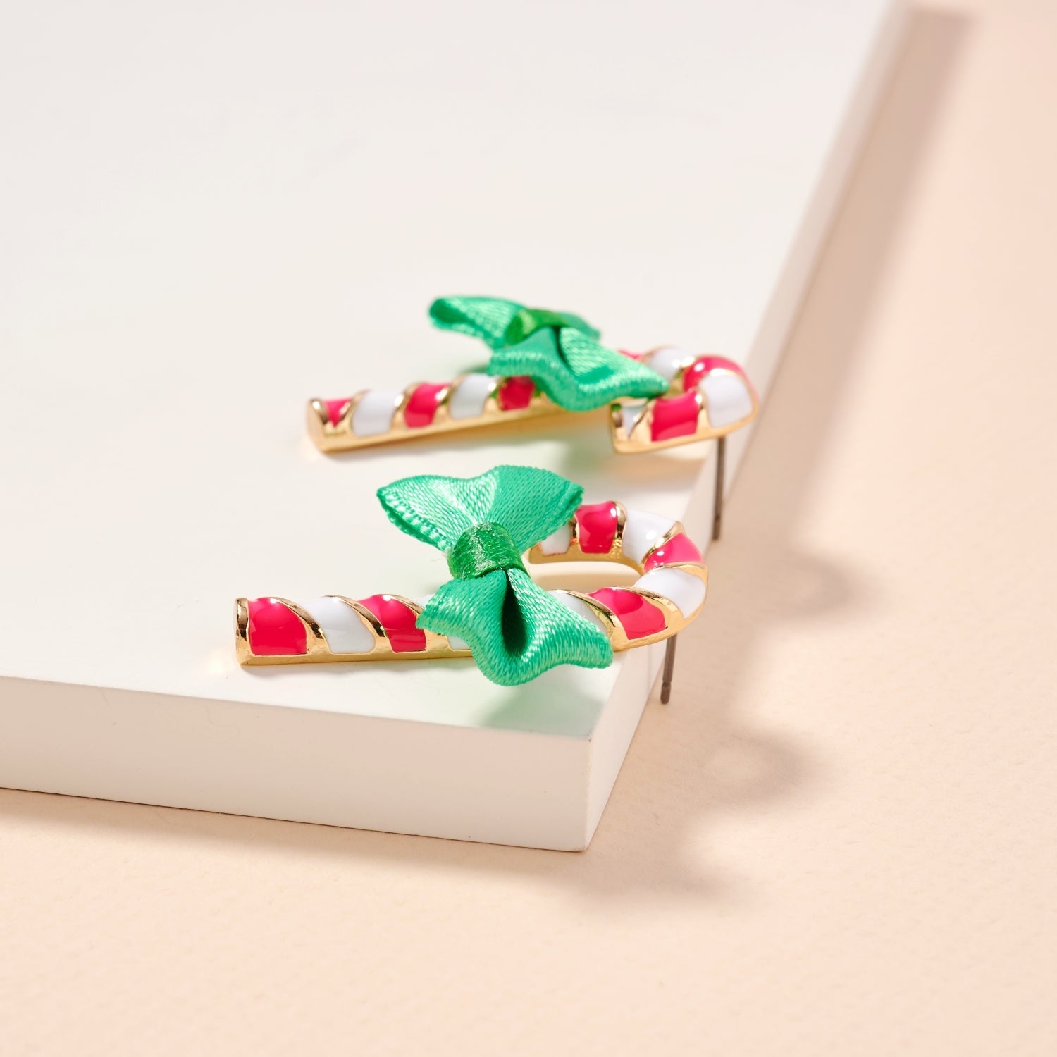 Christmas Candy Cane & Bow Enamel | Stud Earrings