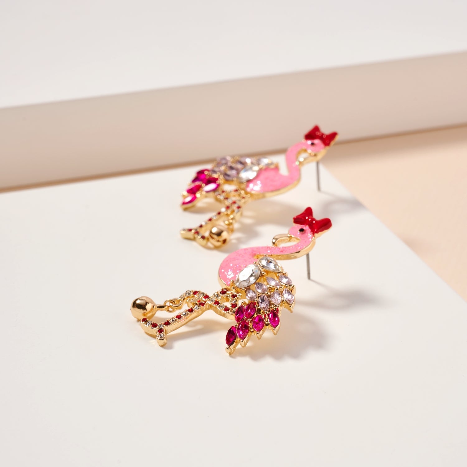 Rhinestone Flamingo Bell Drop Earrings | Tropical Statement Charm