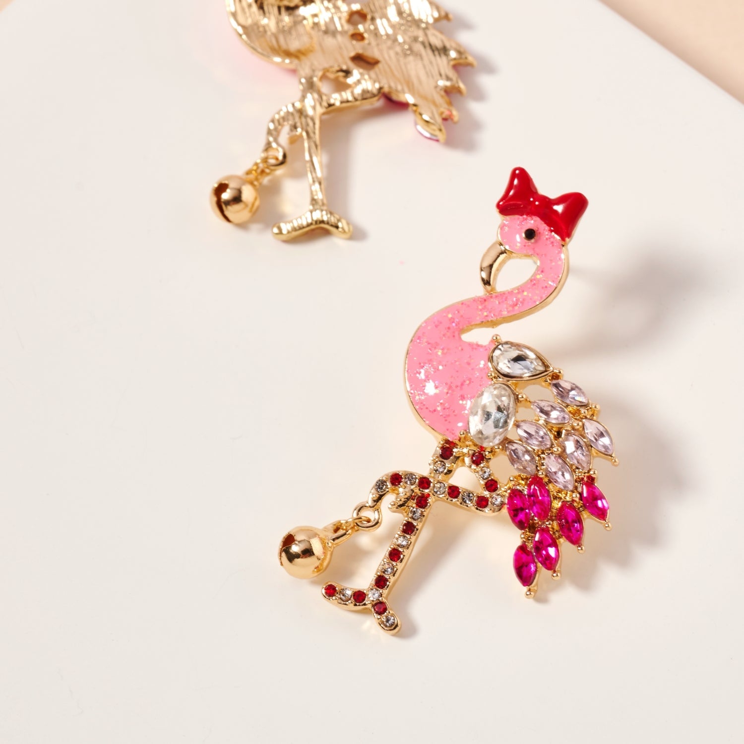 Rhinestone Flamingo Bell Drop Earrings | Tropical Statement Charm