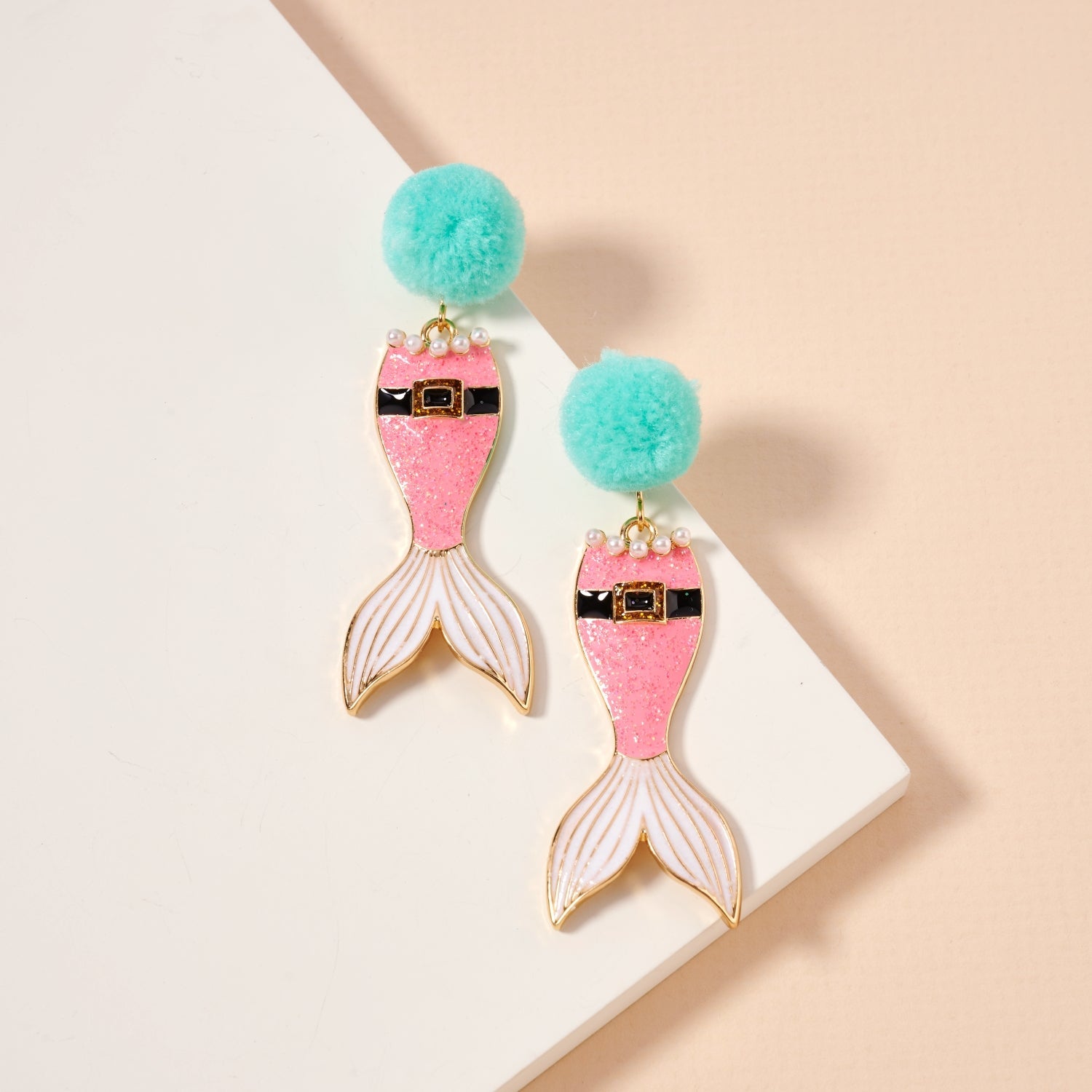 Glitter Santa Mermaid Dangle Earrings | Pom Pom Holiday Earrings