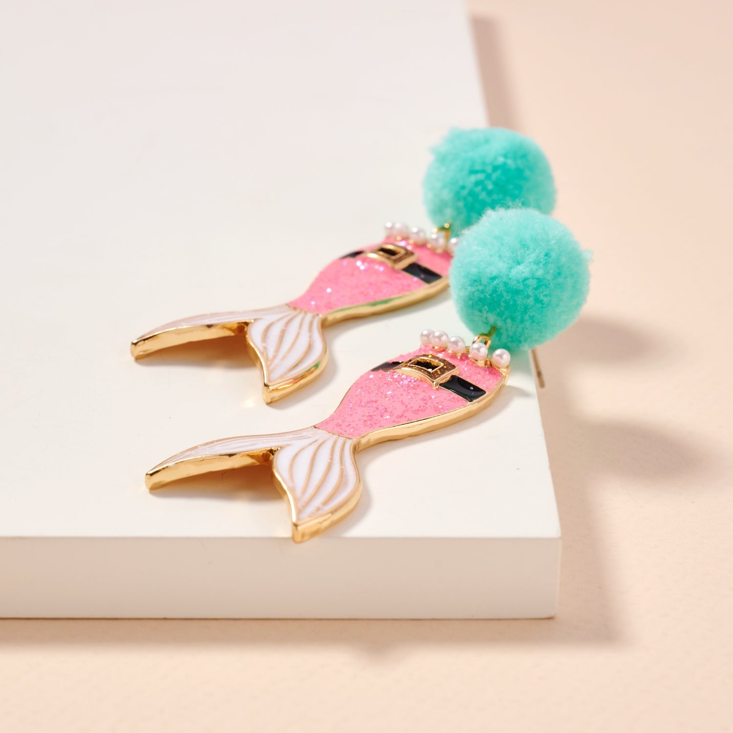 Glitter Santa Mermaid Dangle Earrings | Pom Pom Holiday Earrings