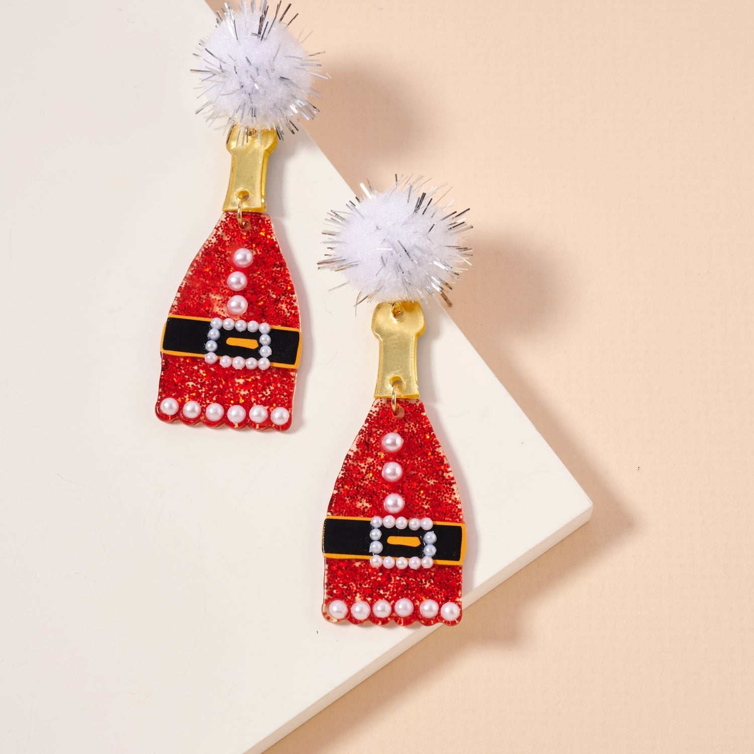 Glitter Santa Coat Dangle Earrings | Pom Pom Holiday Earrings