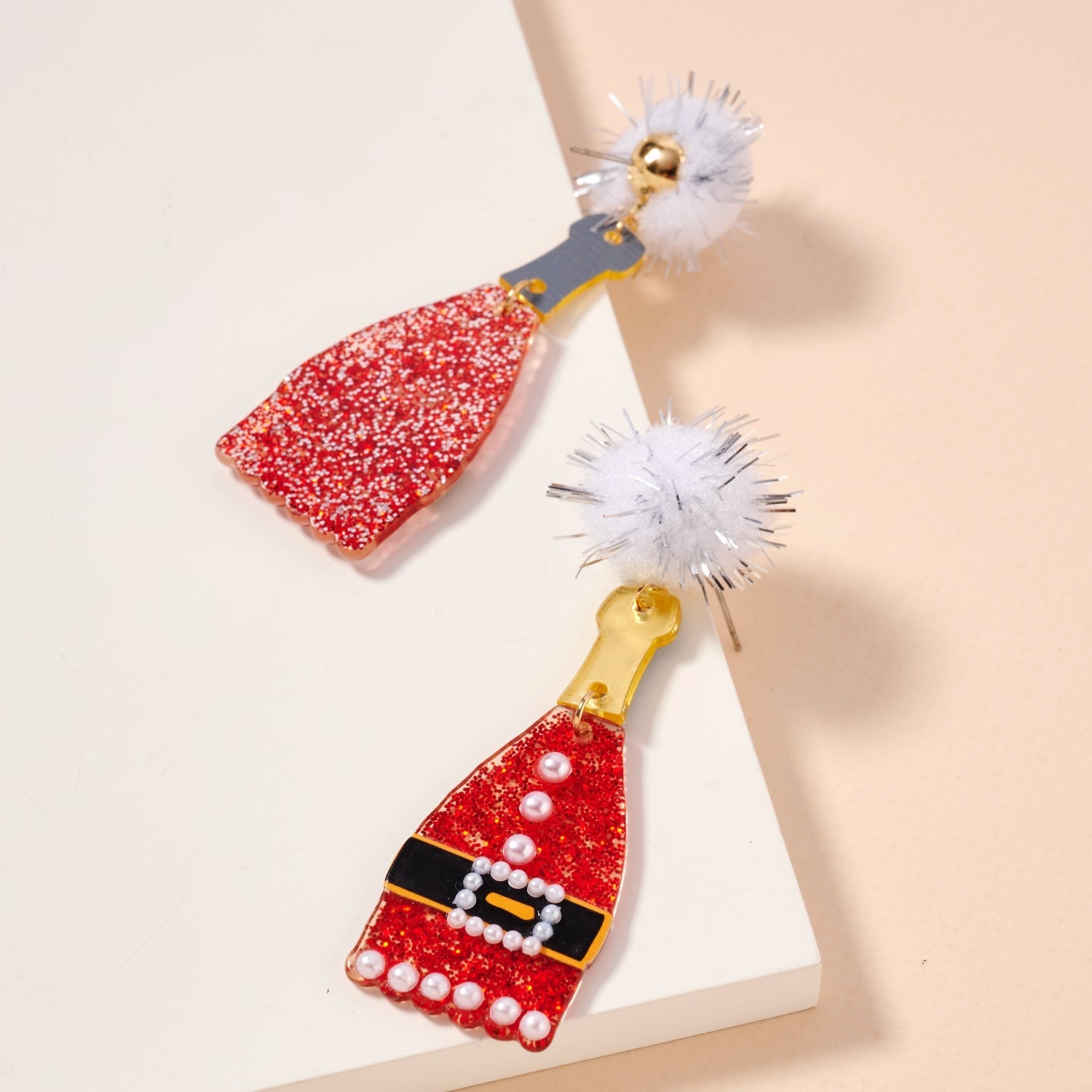 Glitter Santa Coat Dangle Earrings | Pom Pom Holiday Earrings