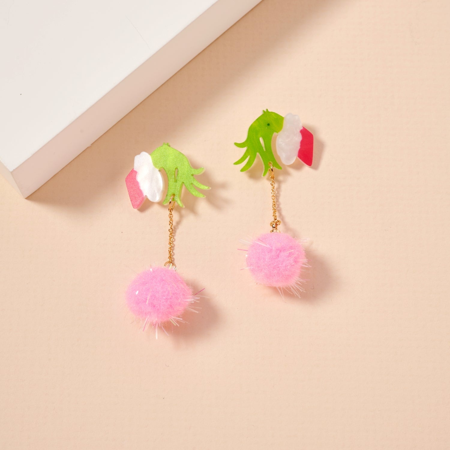 Whimsical Green Monster Hand & Pom-Pom Holiday Drop Earrings
