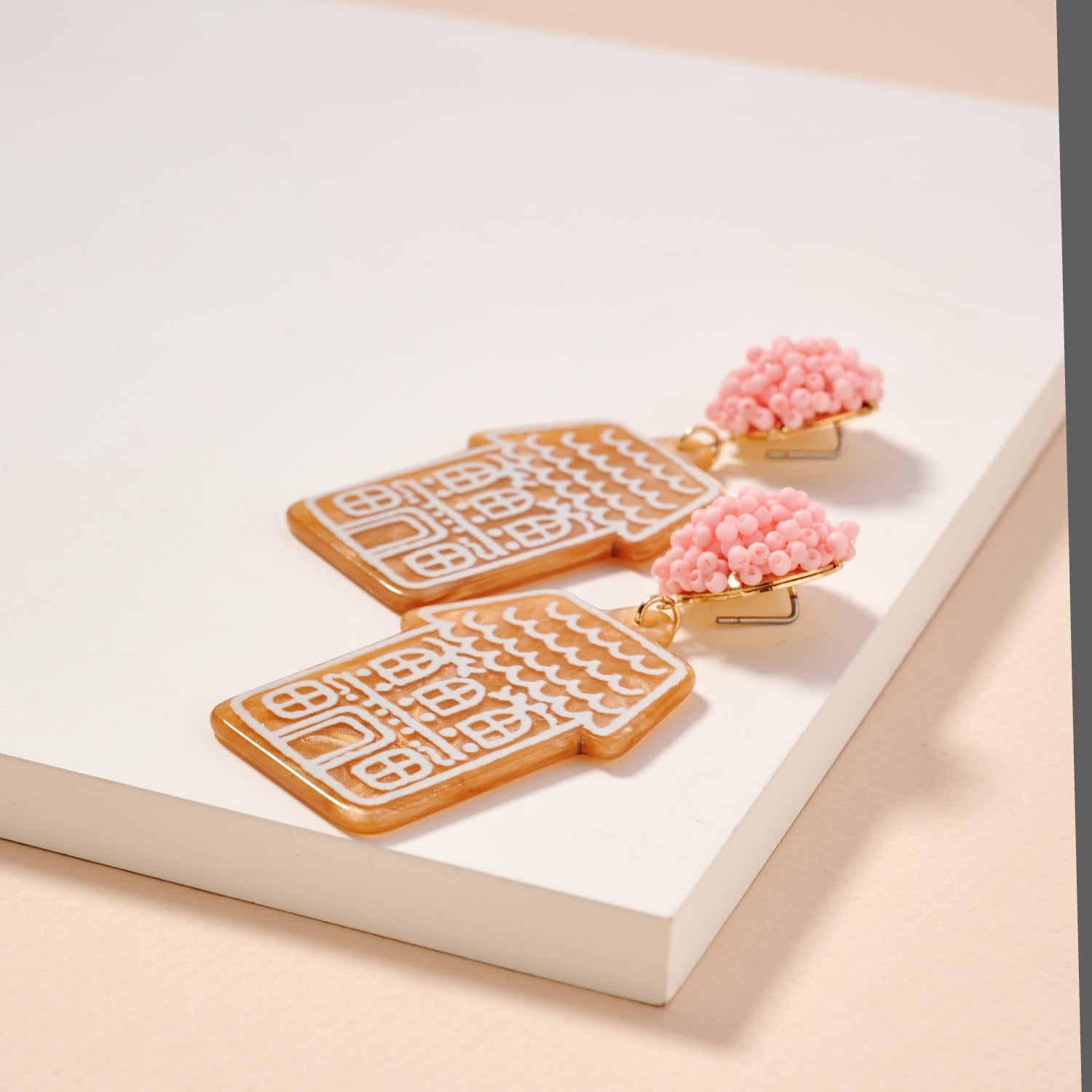 Pink Bead Gingerbread House Earrings | Acrylic Christmas Dangles