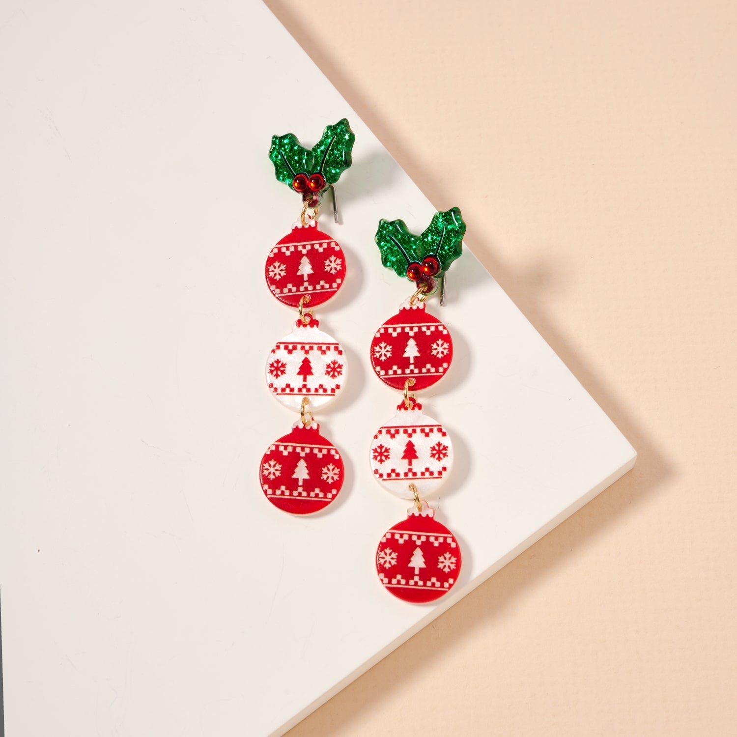 Holly Christmas Ornament Trio Earrings | Holiday Dangle Drops