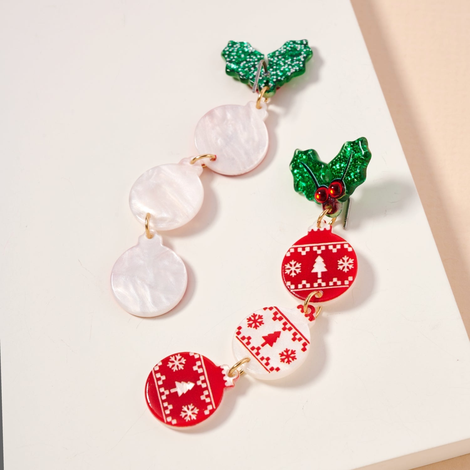 Holly Christmas Ornament Trio Earrings | Holiday Dangle Drops