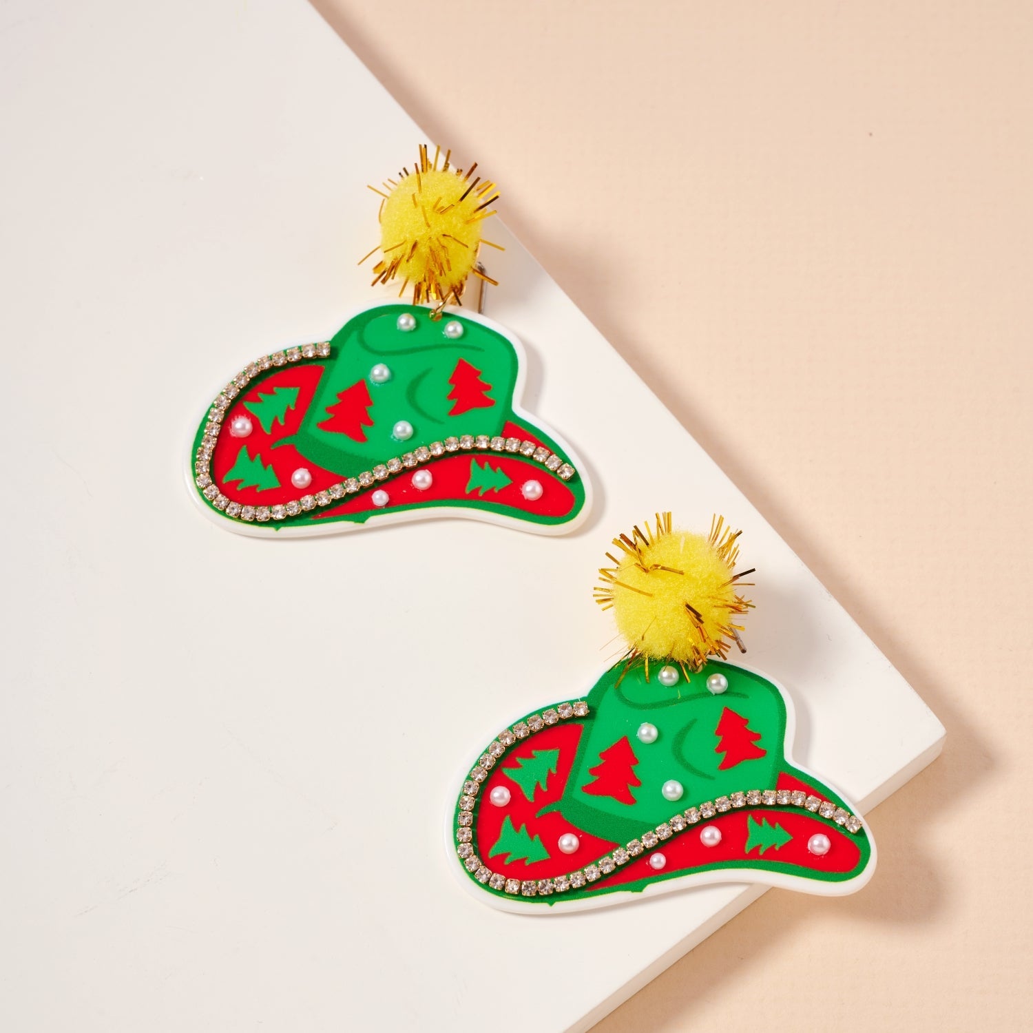 Christmas Pom Pom Cowboy Hat Holiday | Drop Earrings