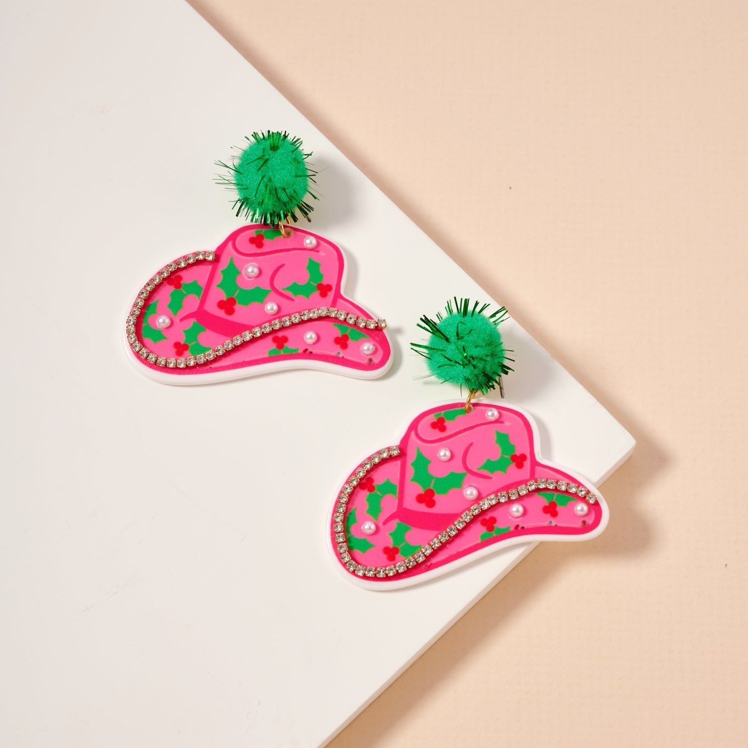 Christmas Pom Pom Cowboy Hat Holiday | Drop Earrings