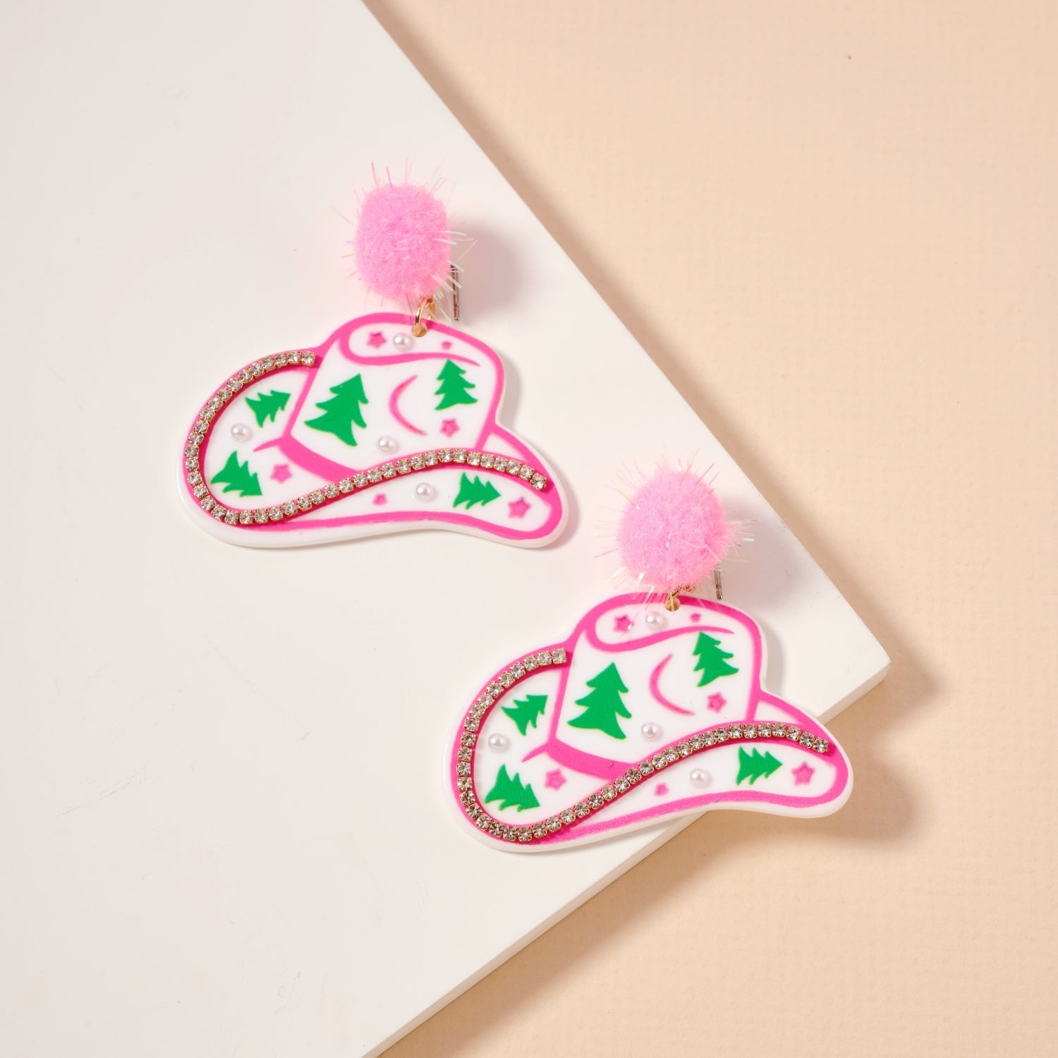 Christmas Pom Pom Cowboy Hat Holiday | Drop Earrings