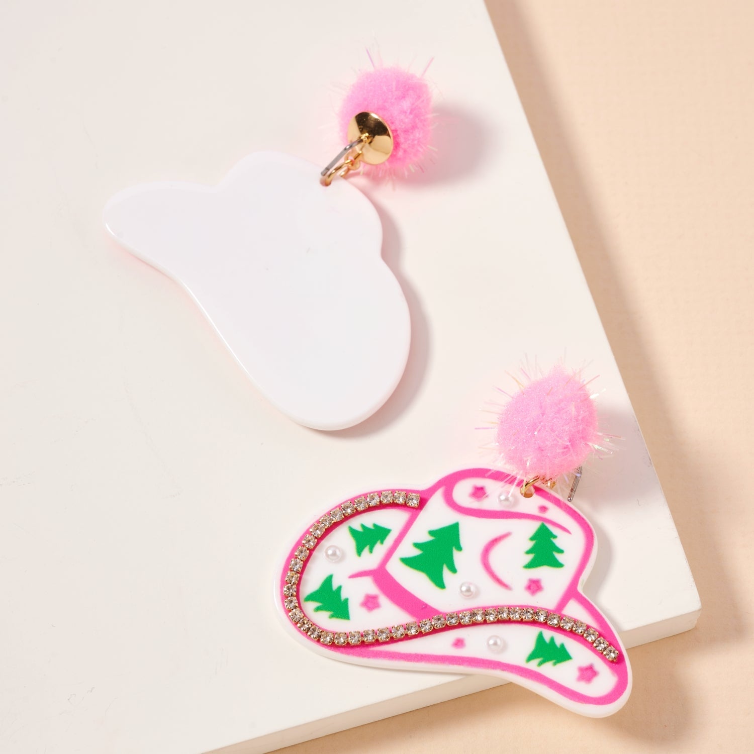 Christmas Pom Pom Cowboy Hat Holiday | Drop Earrings