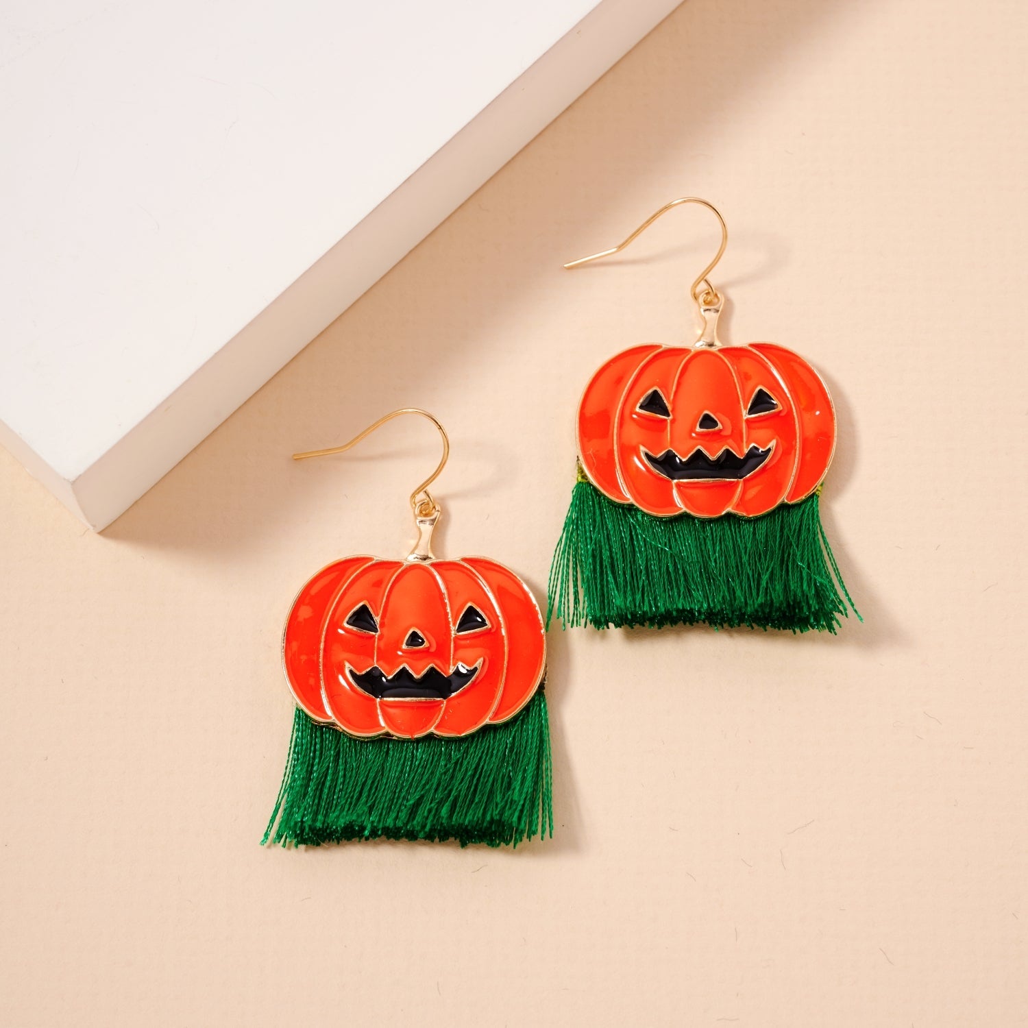 Halloween Pumpkin Enamel Earrings with Fringe