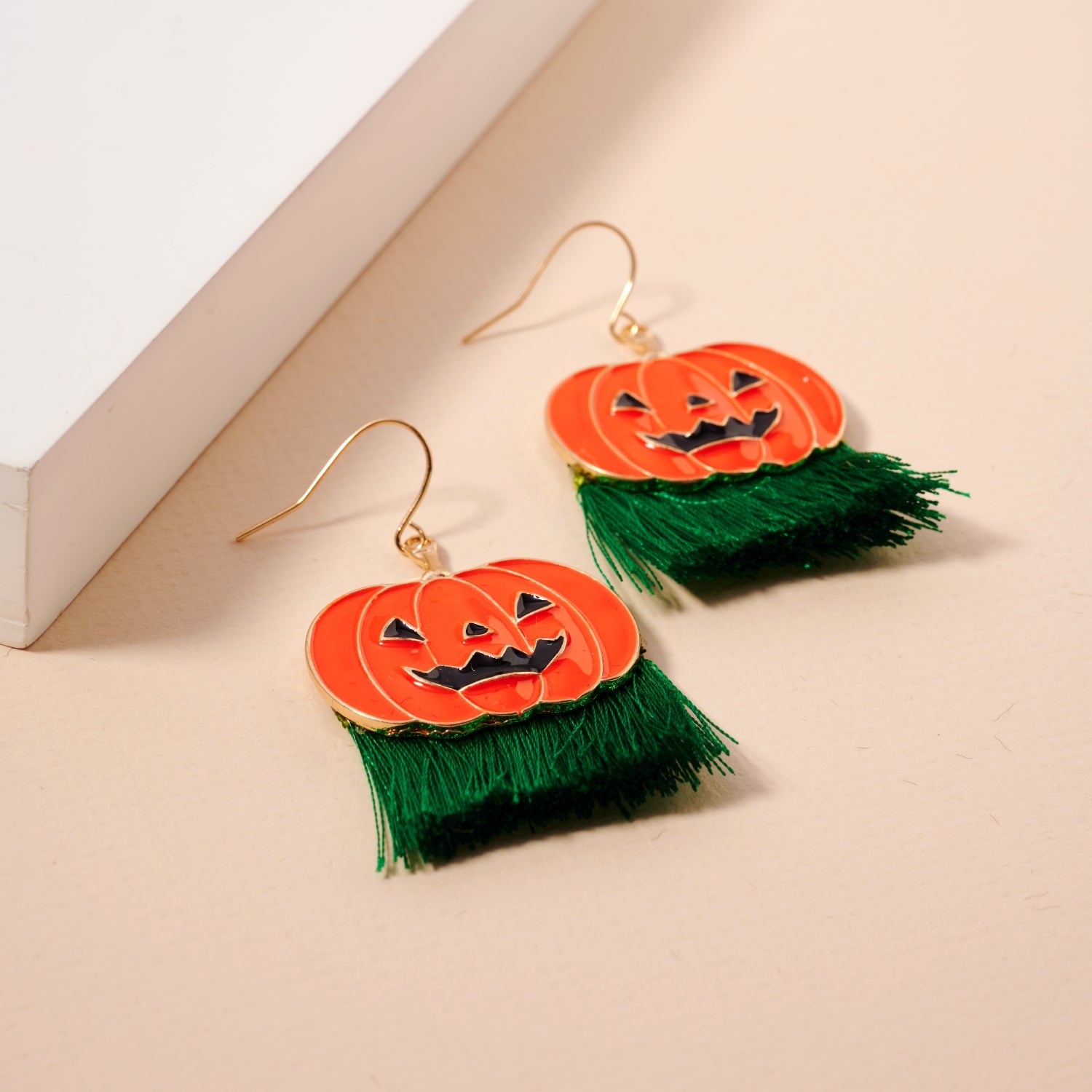 Halloween Pumpkin Enamel Earrings with Fringe