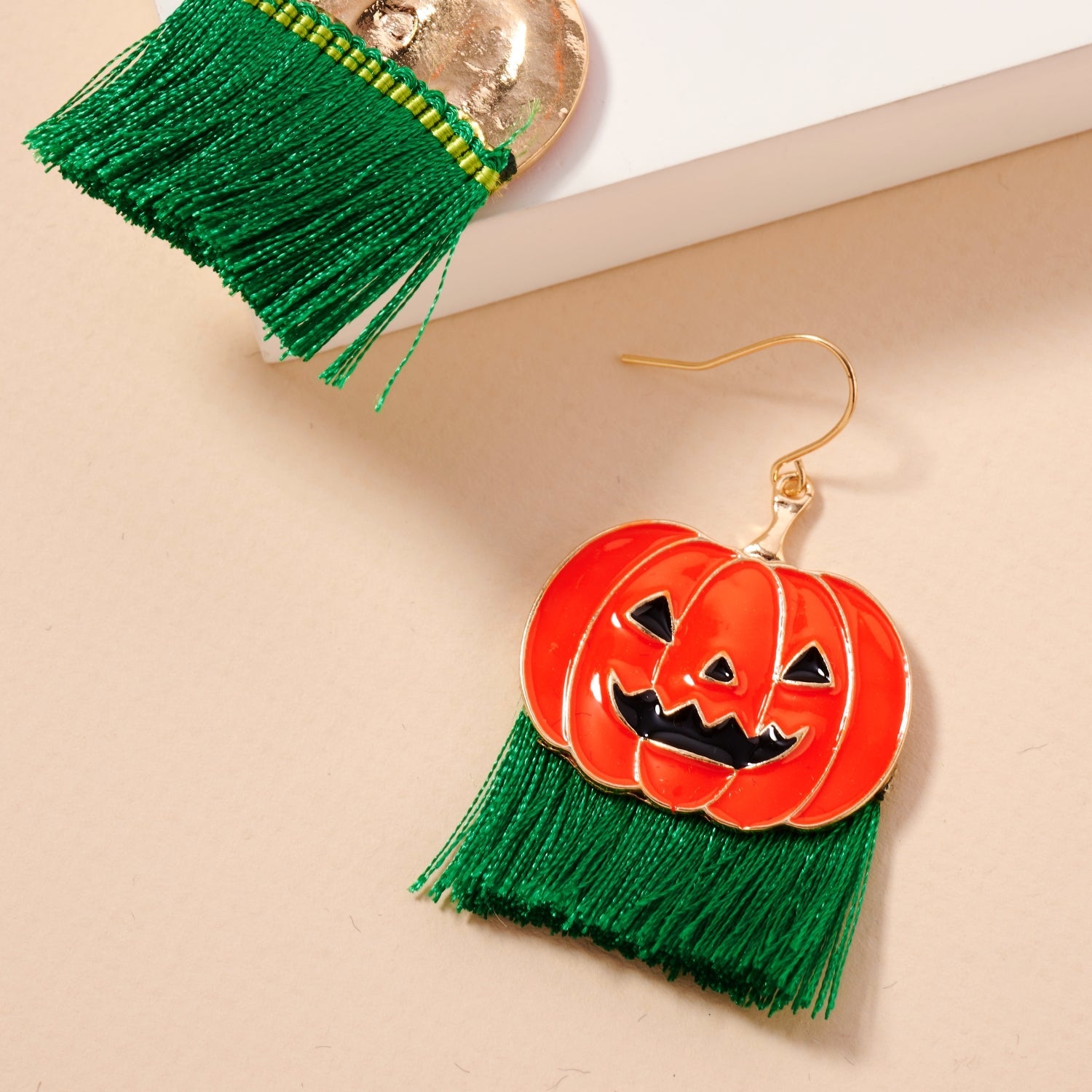 Halloween Pumpkin Enamel Earrings with Fringe