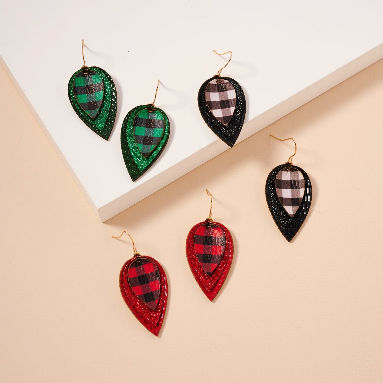Layered Plaid Teardrop Earrings | Glitter Faux Leather Dangles