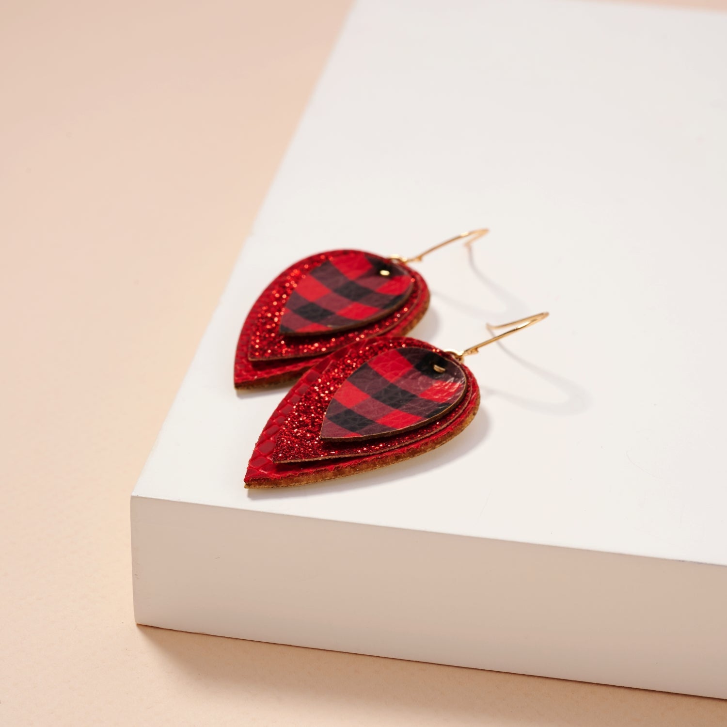 Layered Plaid Teardrop Earrings | Glitter Faux Leather Dangles