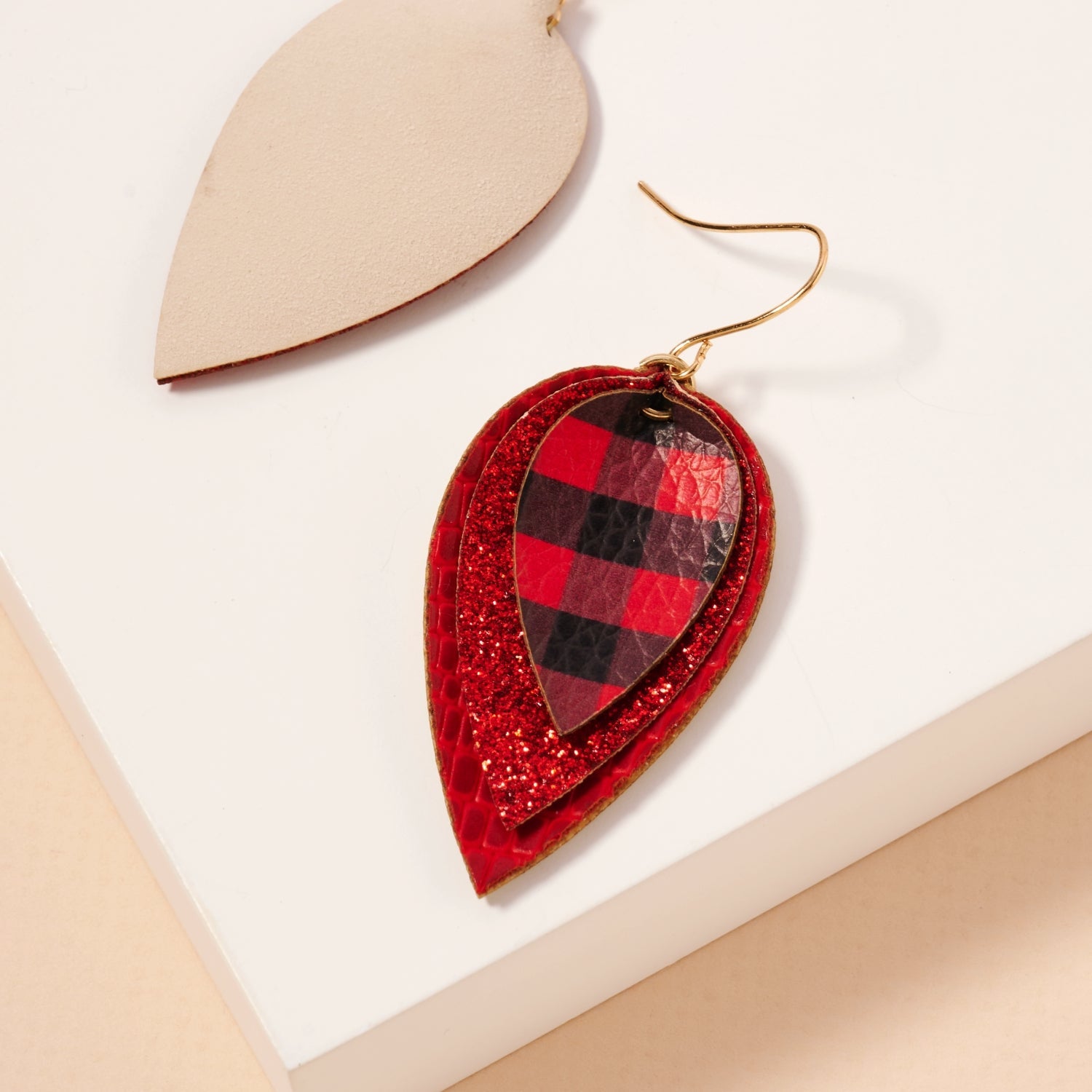 Layered Plaid Teardrop Earrings | Glitter Faux Leather Dangles