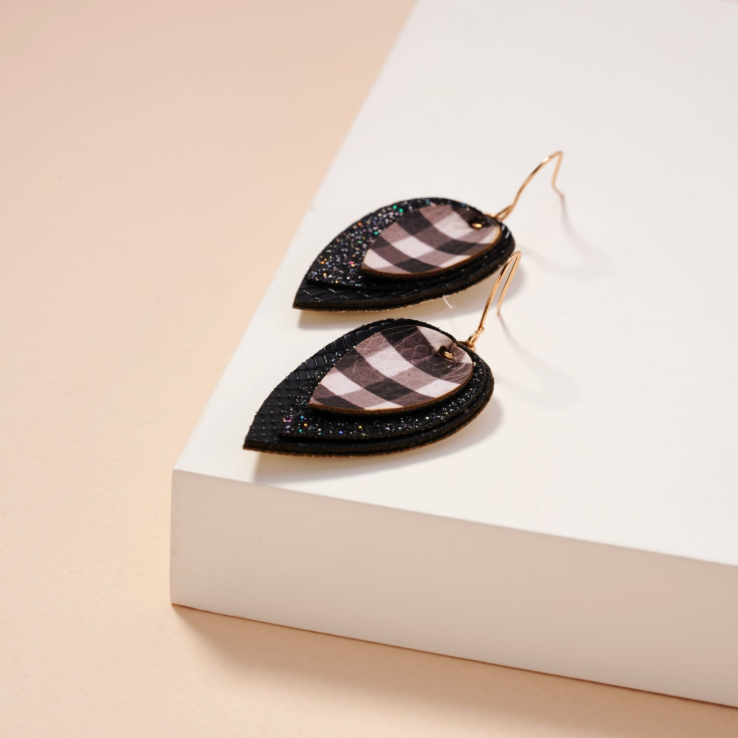 Layered Plaid Teardrop Earrings | Glitter Faux Leather Dangles
