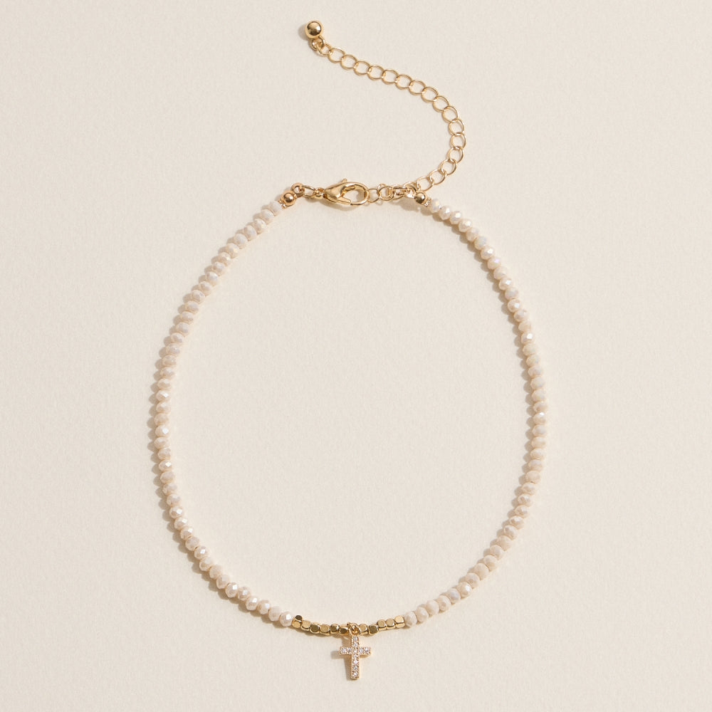 Faceted Bead Anklet with Gold Cross Charm