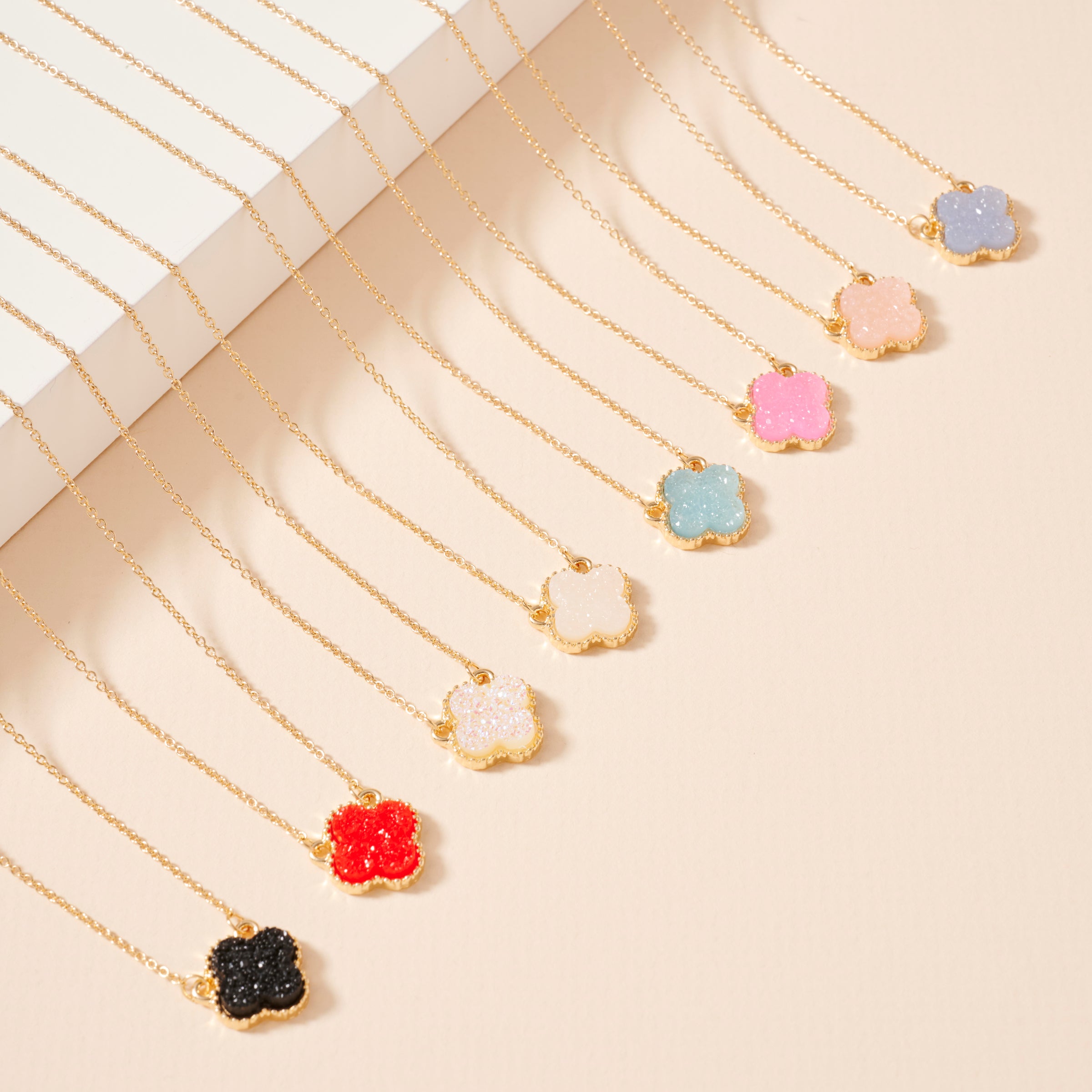 Gold Framed Druzy Petal Pendant Necklace