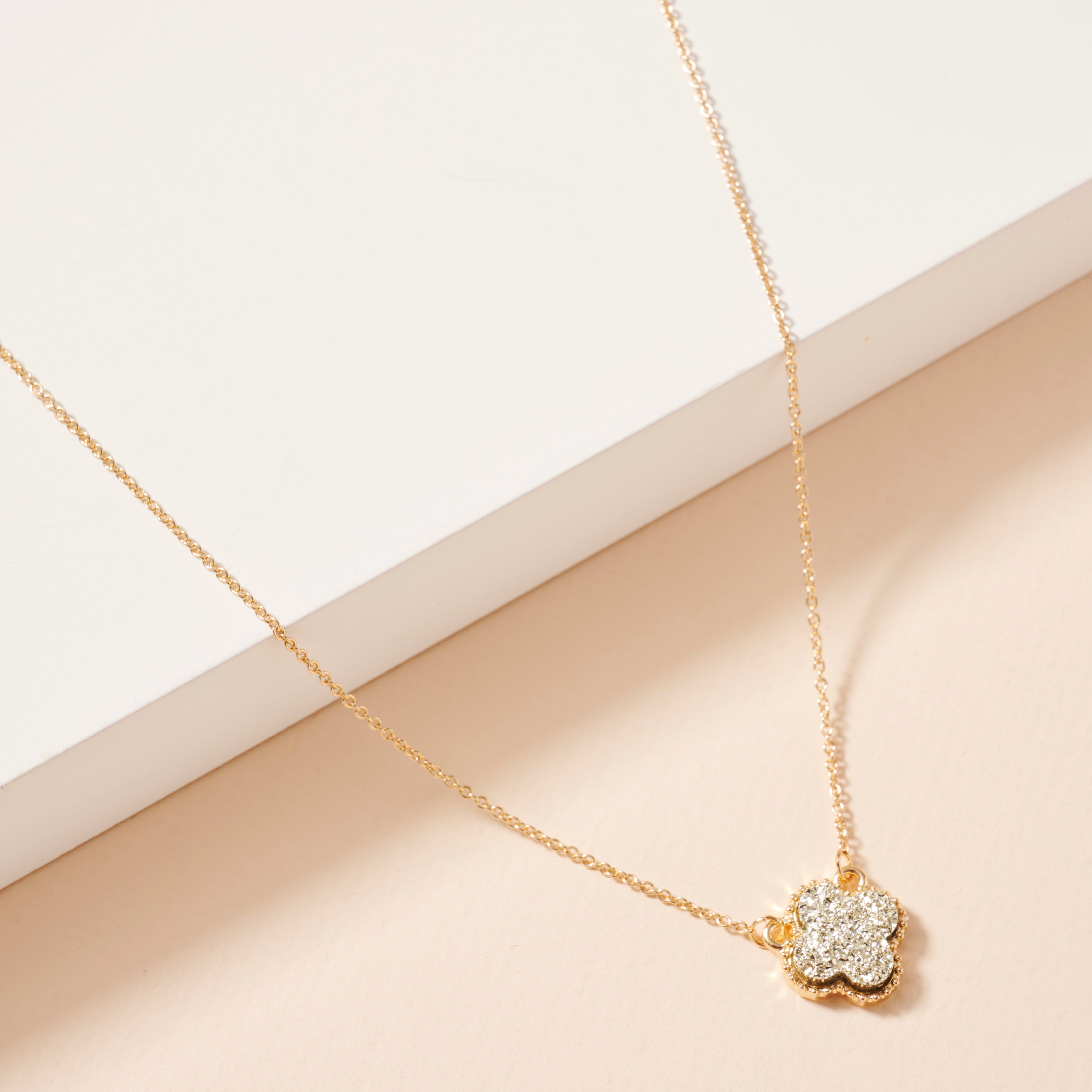 Gold Framed Druzy Petal Pendant Necklace