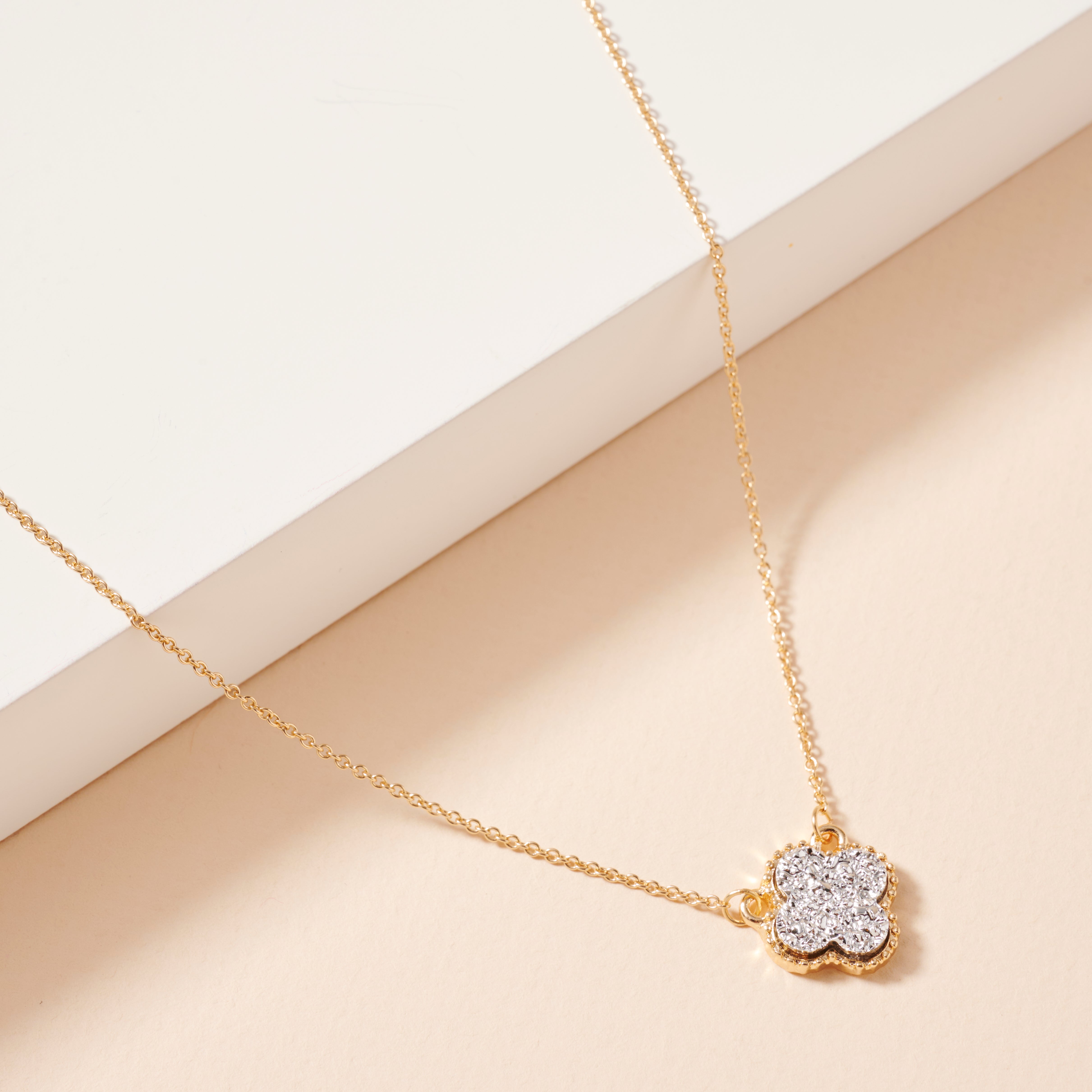 Gold Framed Druzy Petal Pendant Necklace