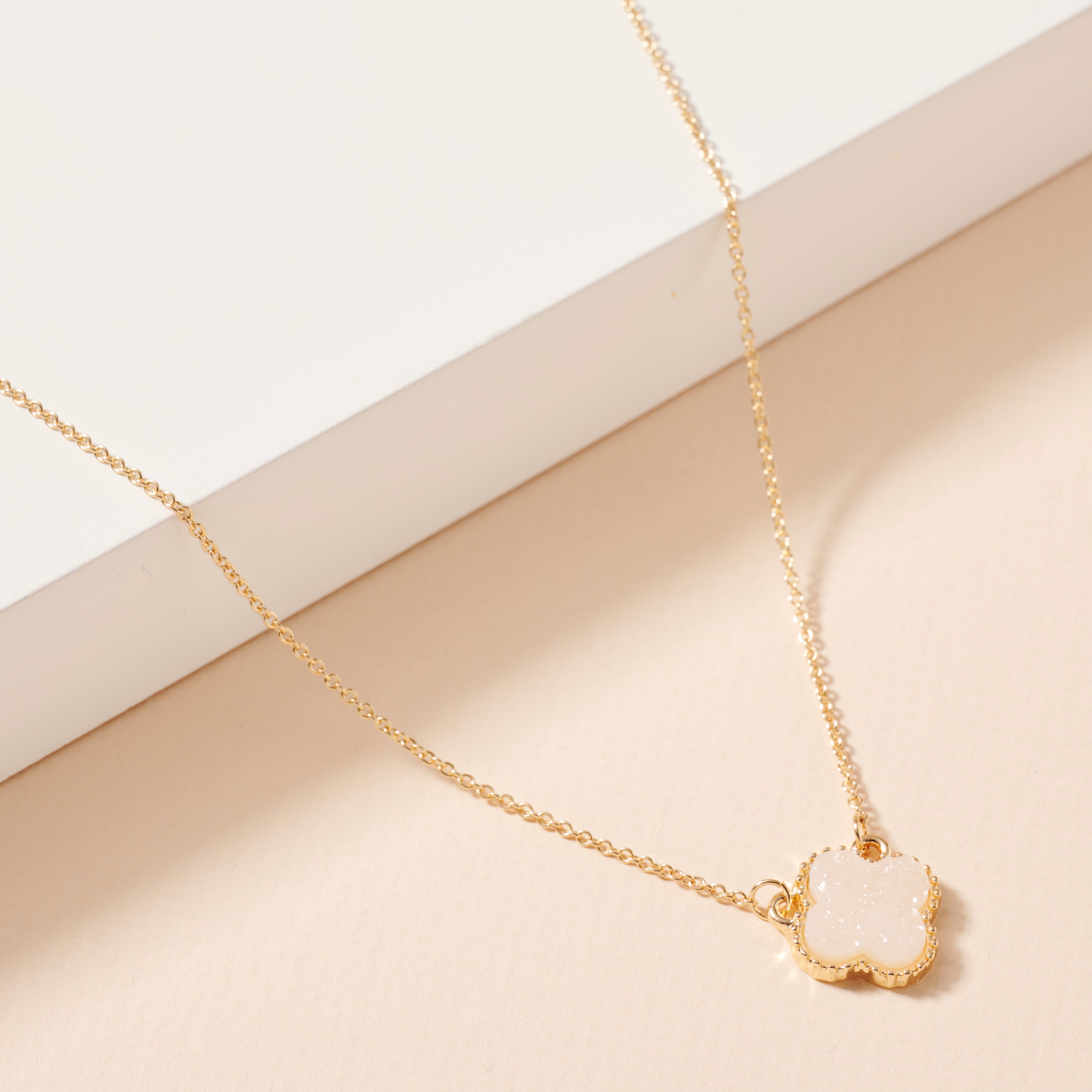 Gold Framed Druzy Petal Pendant Necklace