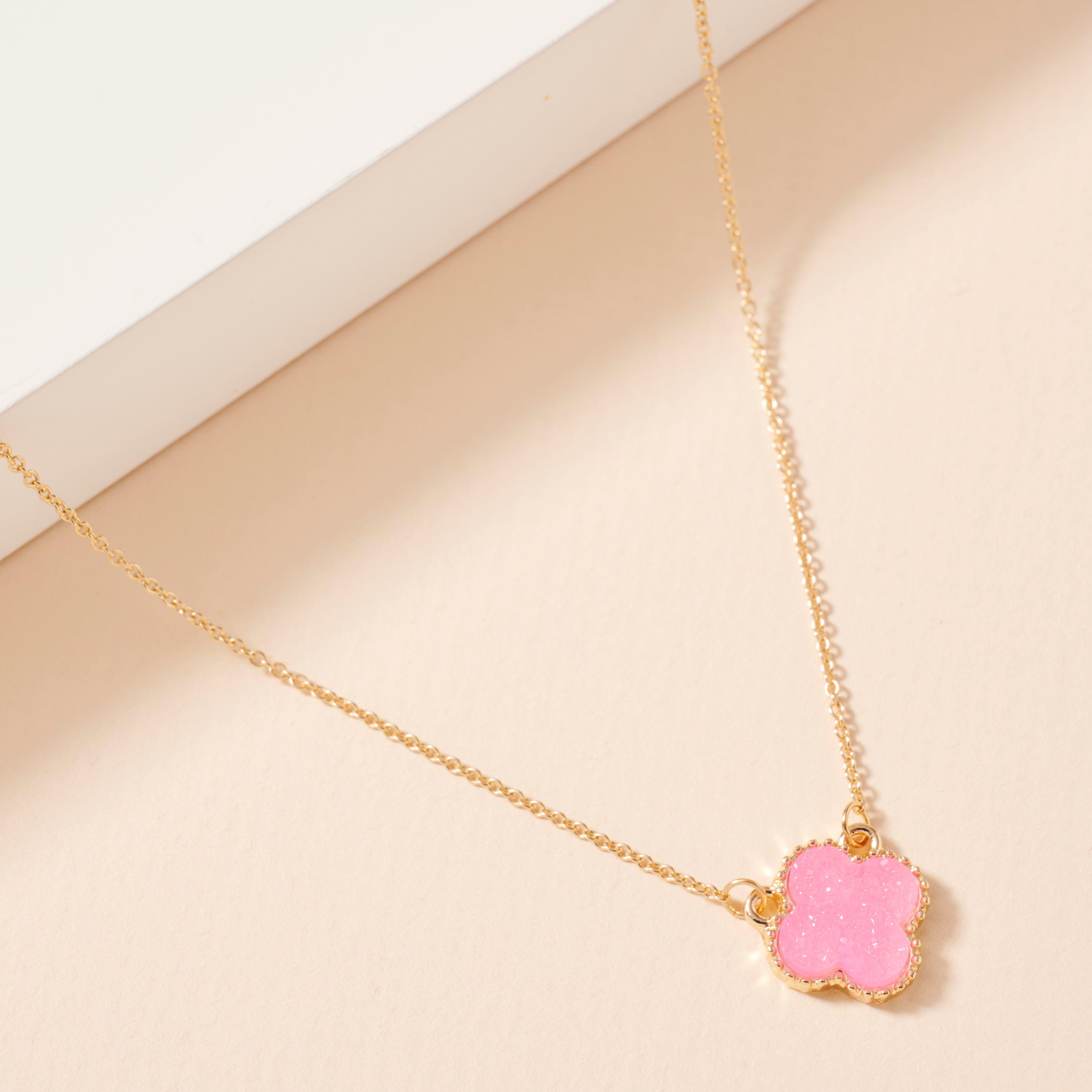 Gold Framed Druzy Petal Pendant Necklace