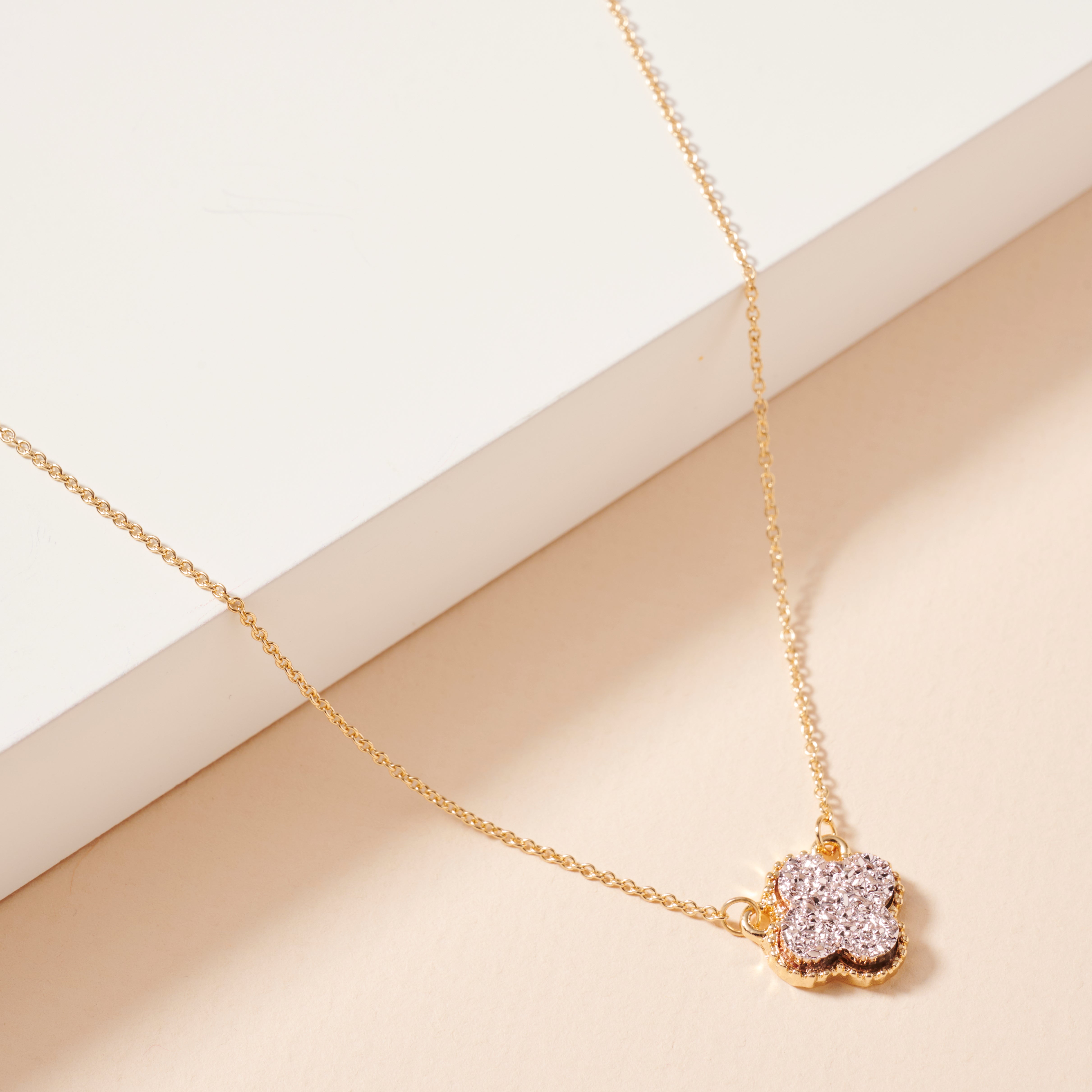 Gold Framed Druzy Petal Pendant Necklace