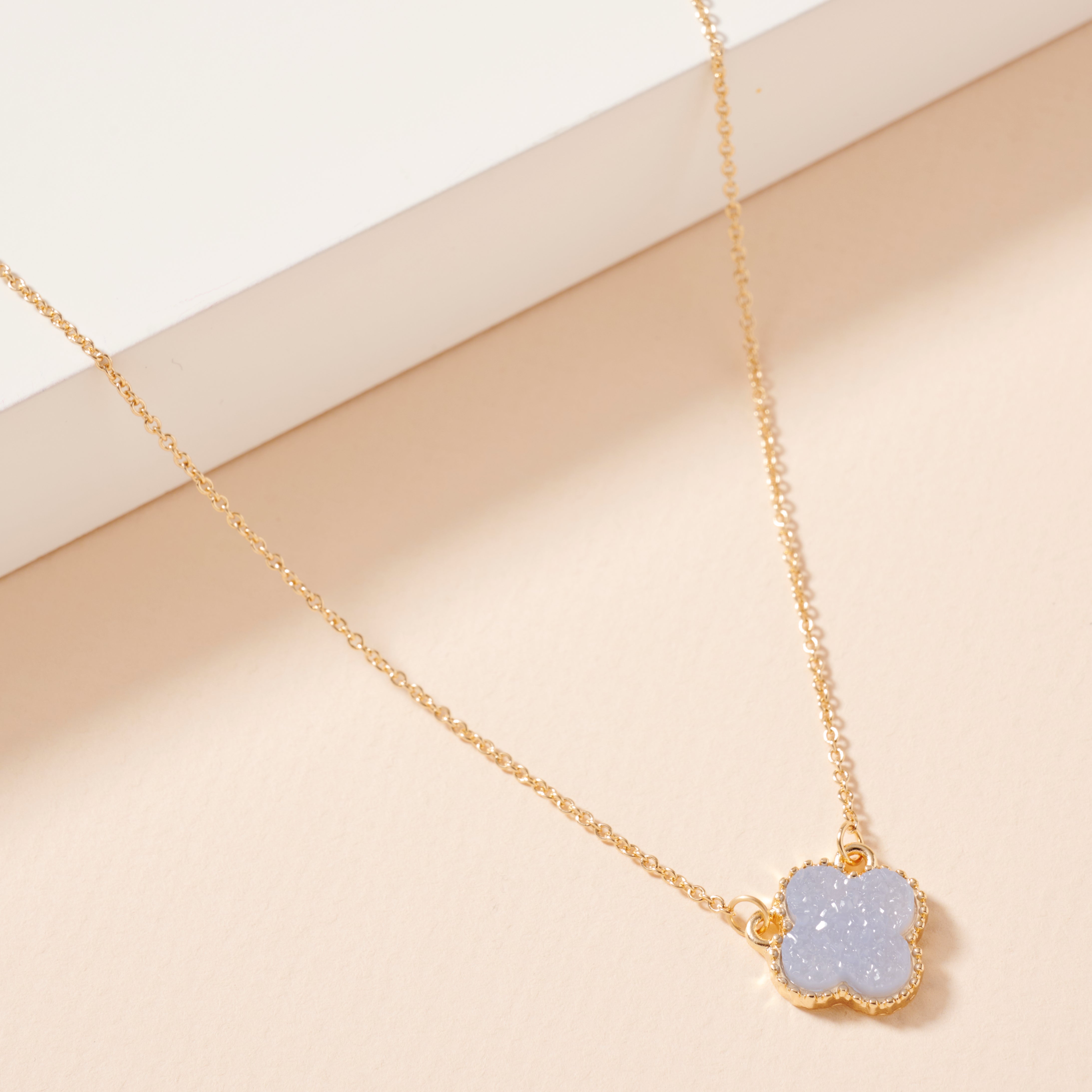 Gold Framed Druzy Petal Pendant Necklace