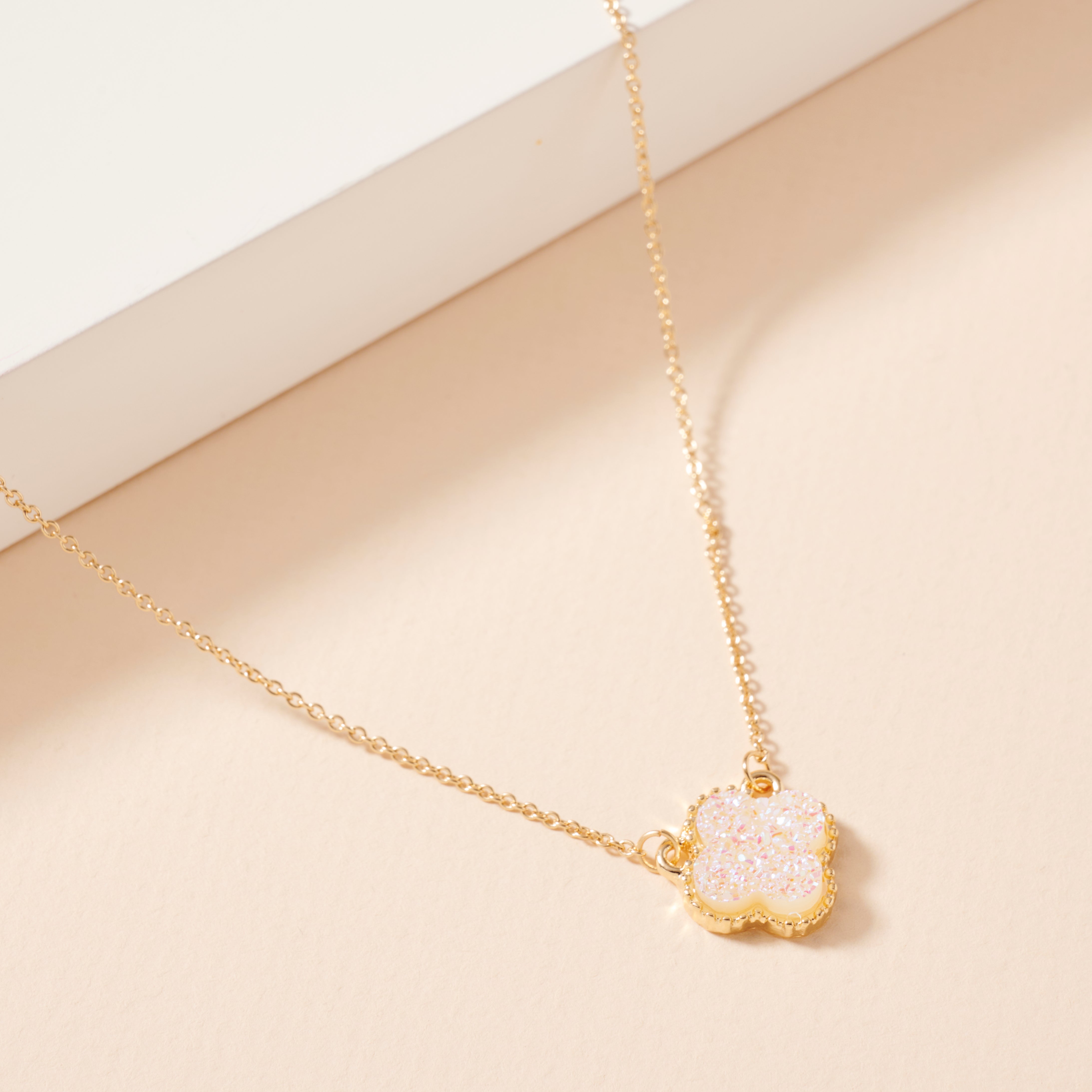 Gold Framed Druzy Petal Pendant Necklace