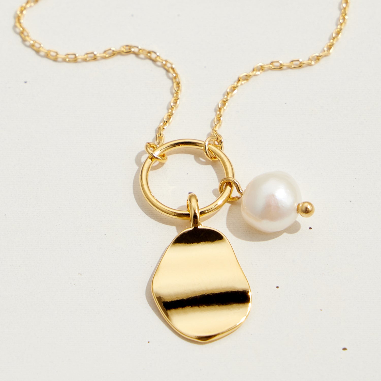Organic Oval Charm and Pearl Necklace