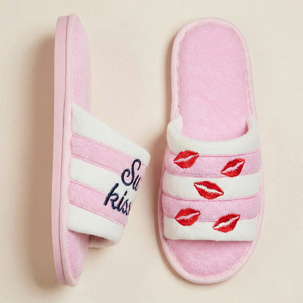 Sun Kissed Embroidered Cozy Pink Slide Slippers - Frem