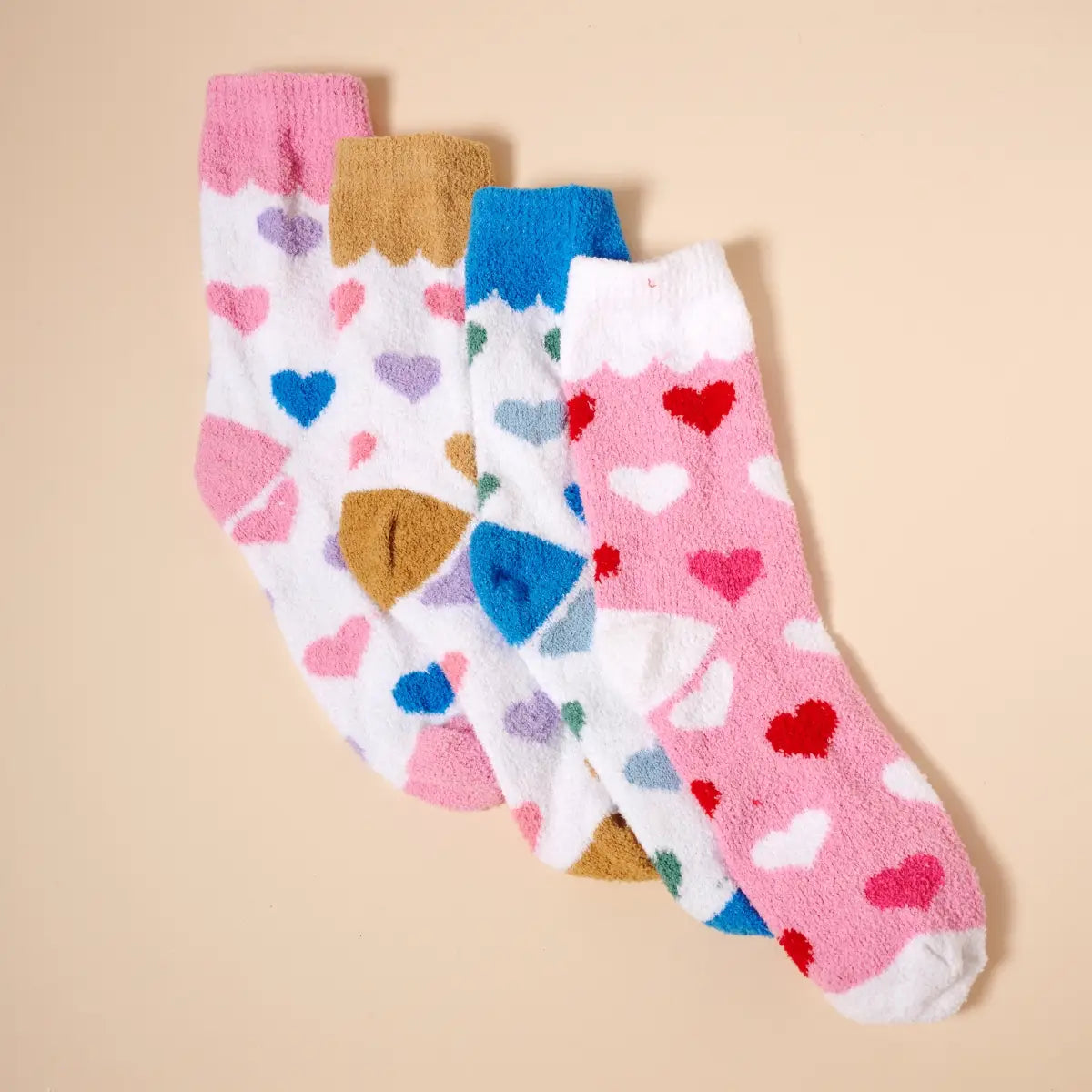 Fuzzy Heart Print Socks Gift Set – 4 Pairs for Christmas Gift