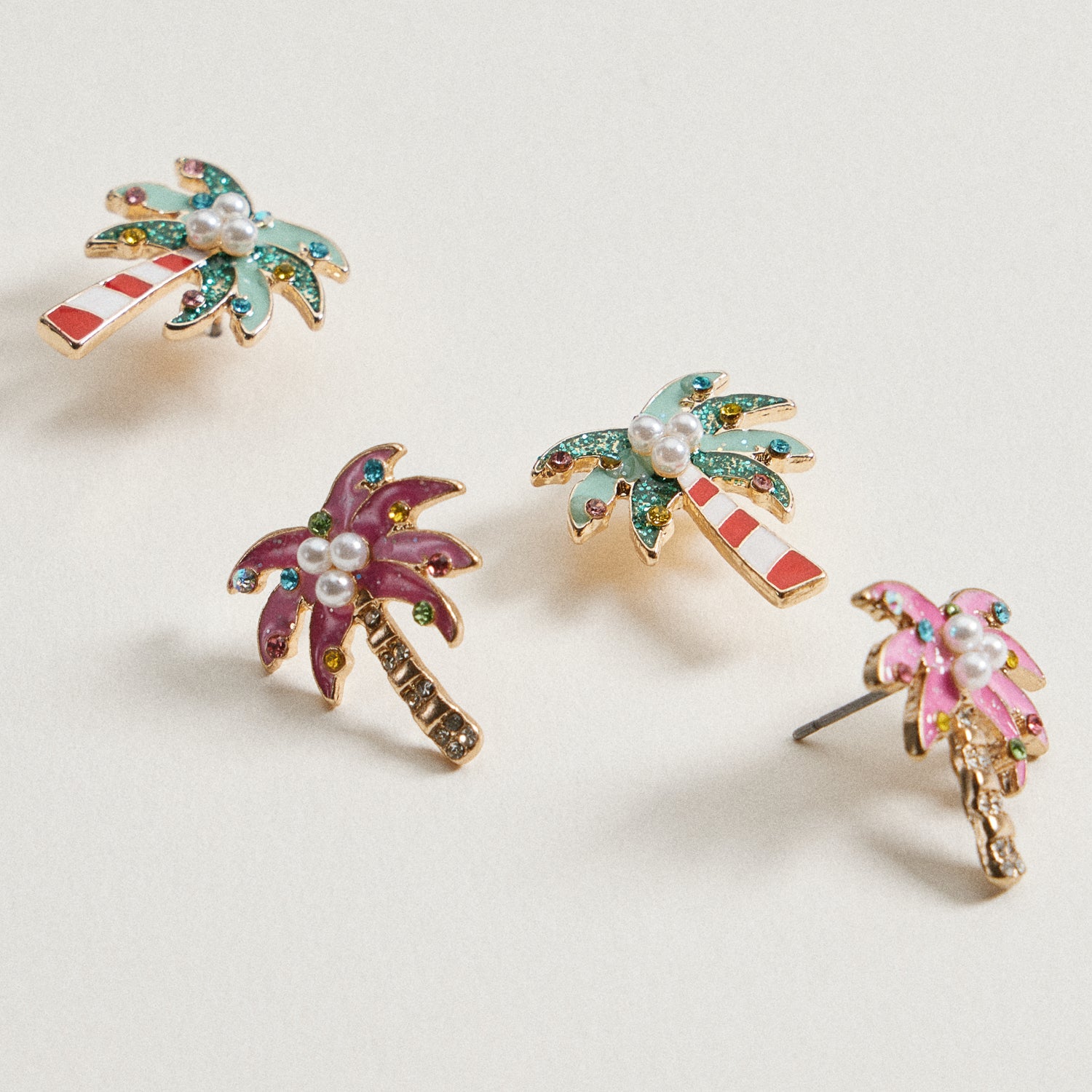 Green Christmas Palm Tree Stud Earrings | Pearl & Crystal Tropical Earrings