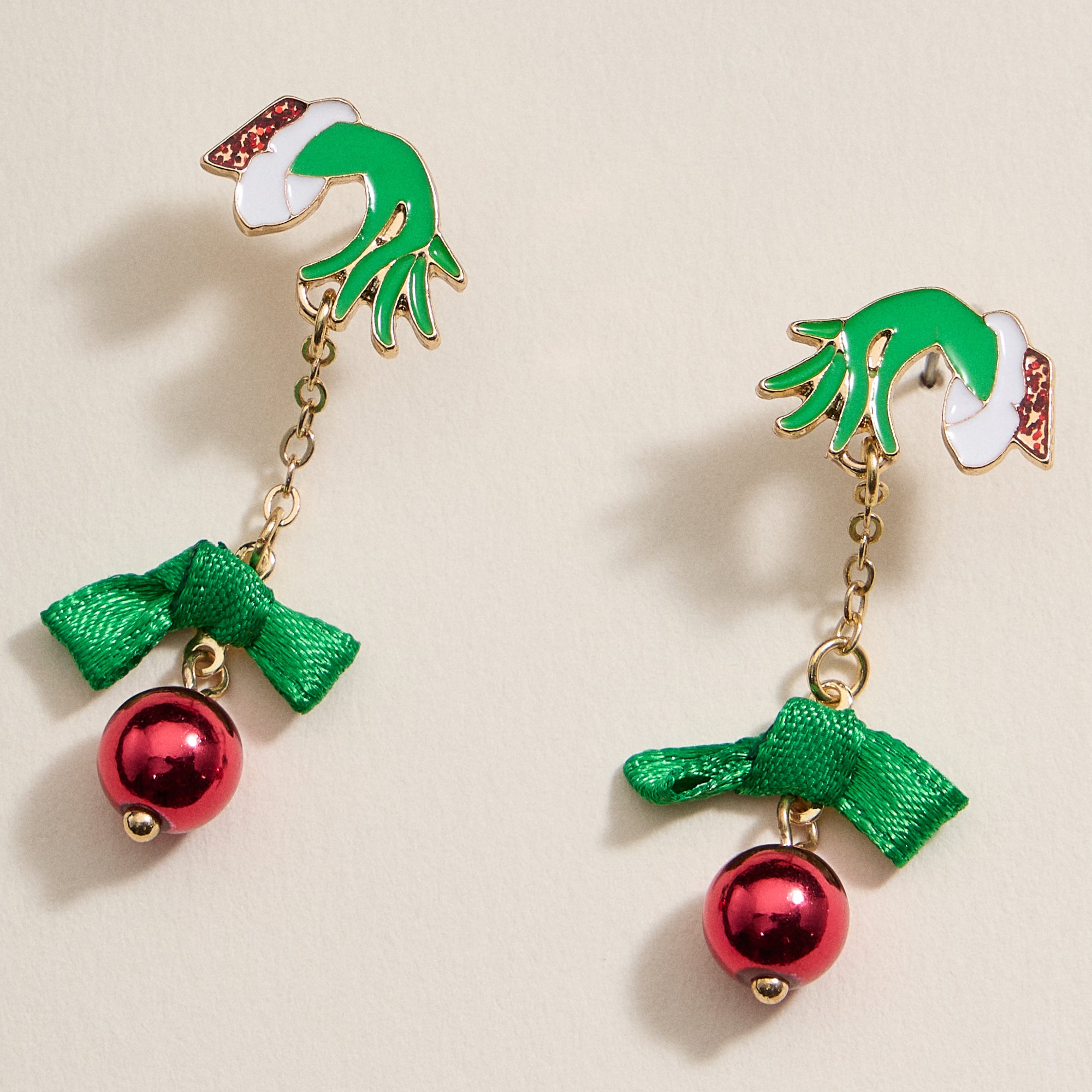 Whimsical Green Monster & Ornament Holiday Drop Earrings