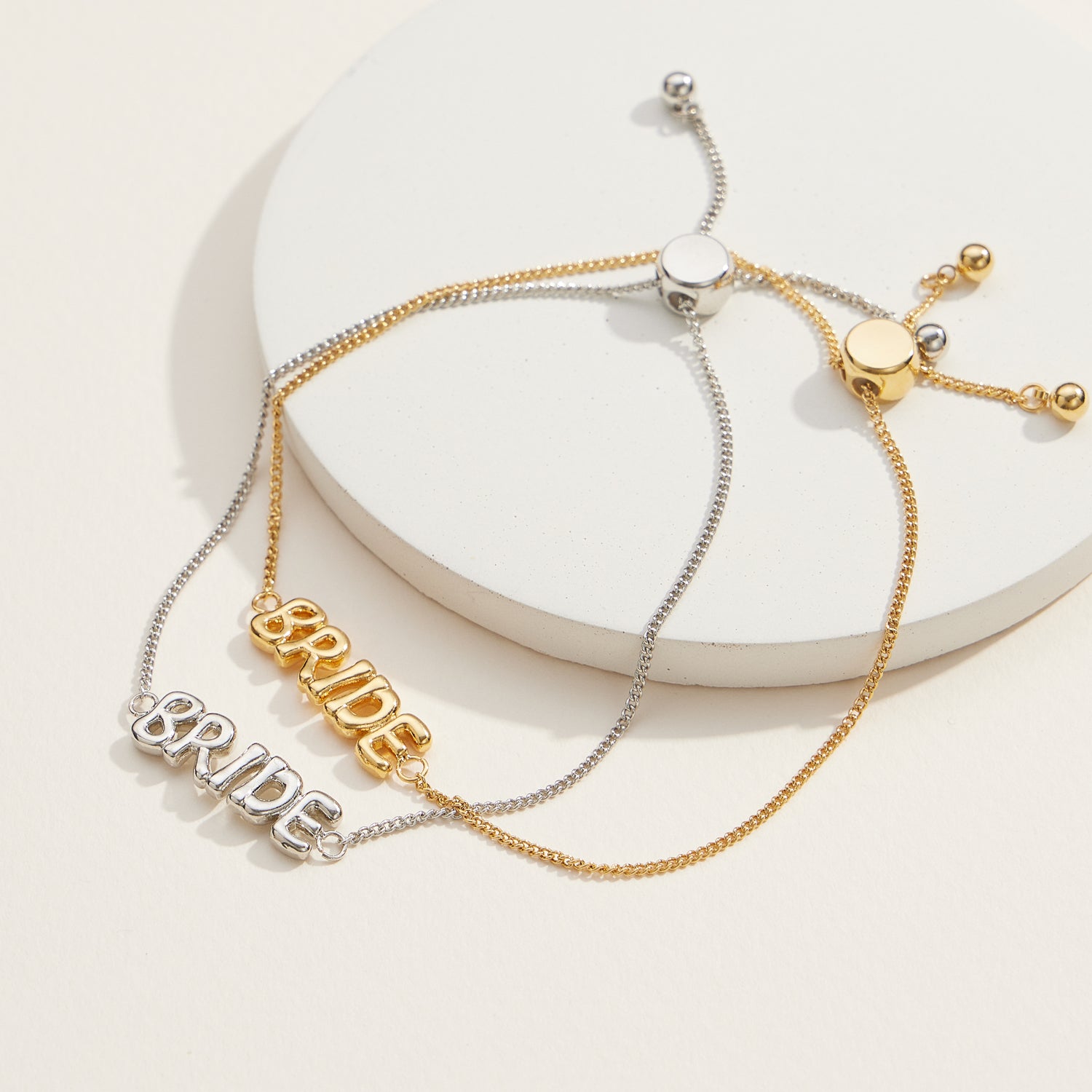 Adjustable Bride Script Bracelet in 18K Gold Dip or White Gold