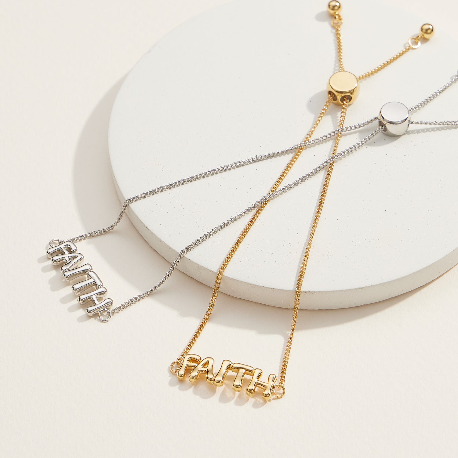 Adjustable Faith Script Bracelet in 18K Gold Dip or White Gold