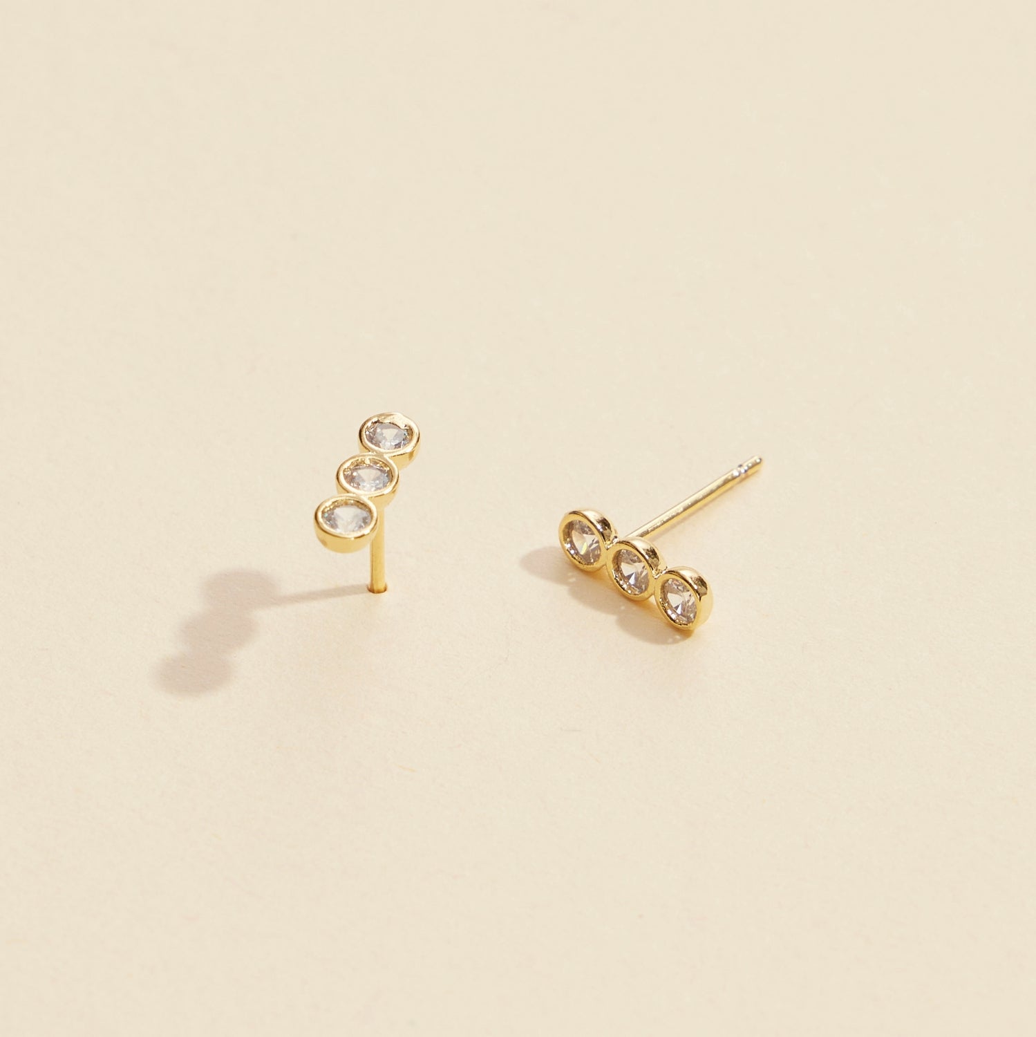 Elegant Three Linked Rhinestone Gold-Dipped Stud Earrings