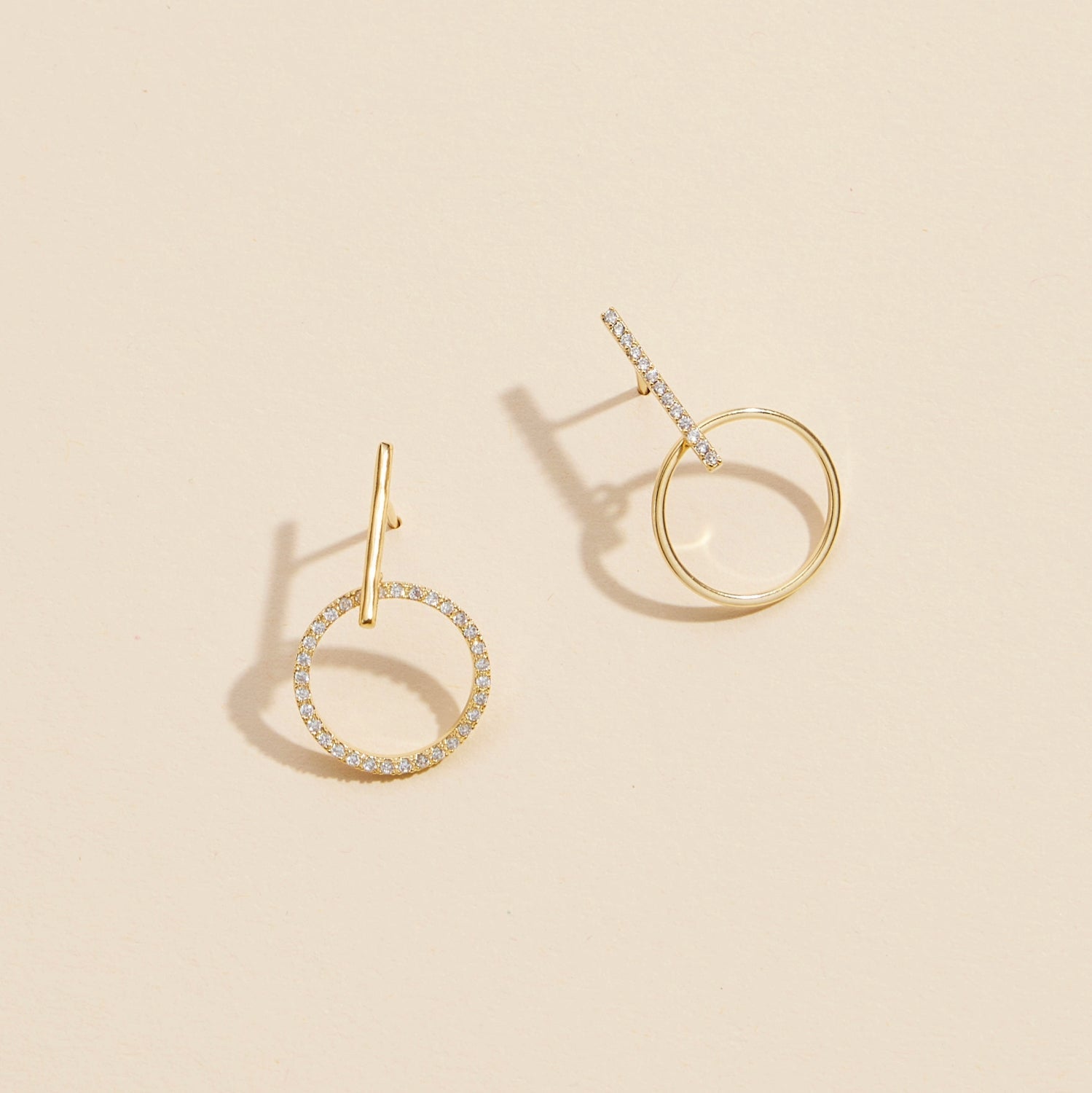 Modern CZ Circle & Bar Gold-Dipped Stud Earrings